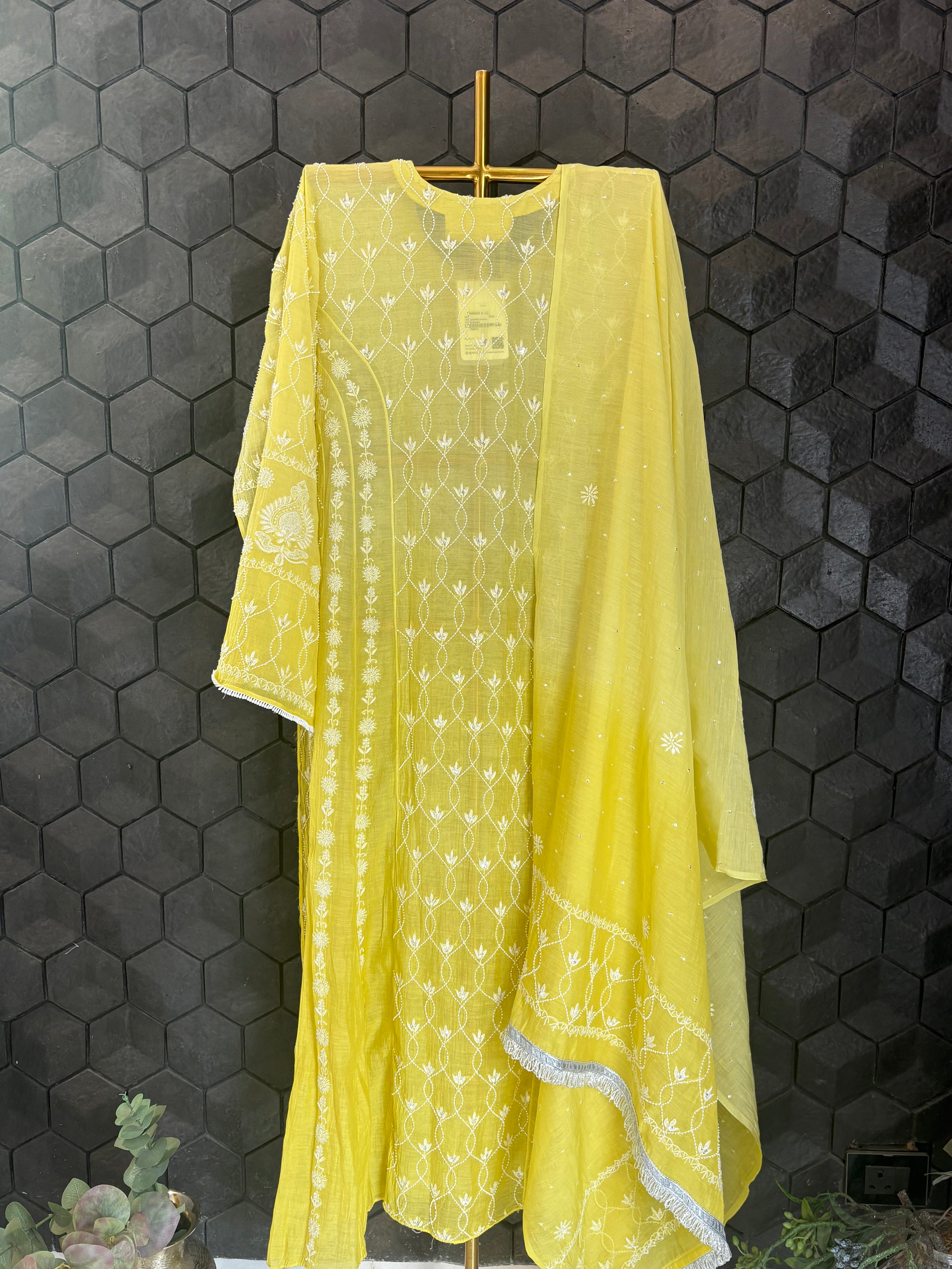 Lime Green Mul Chanderi Anarkali Set