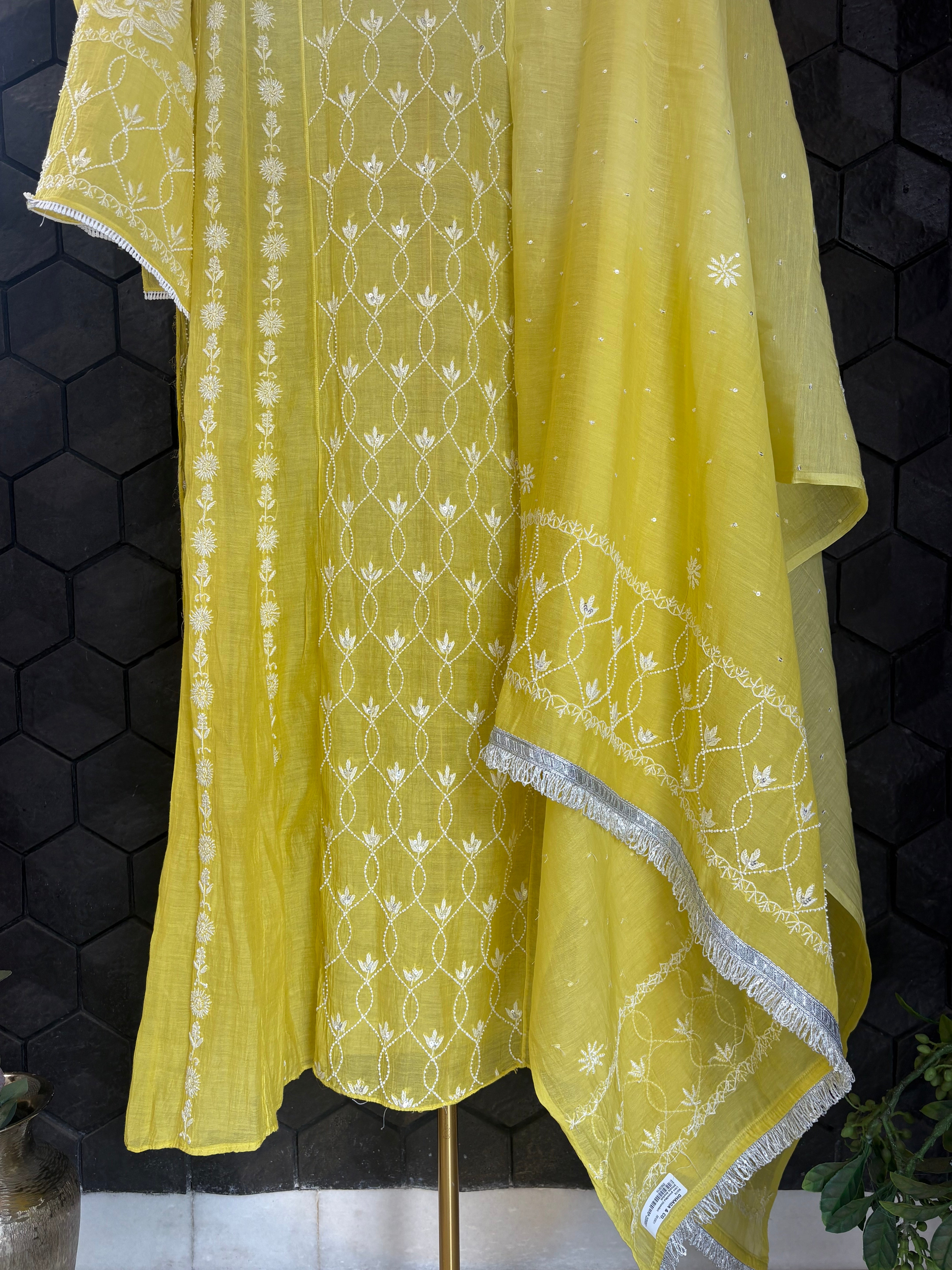 Lime Green Mul Chanderi Anarkali Set