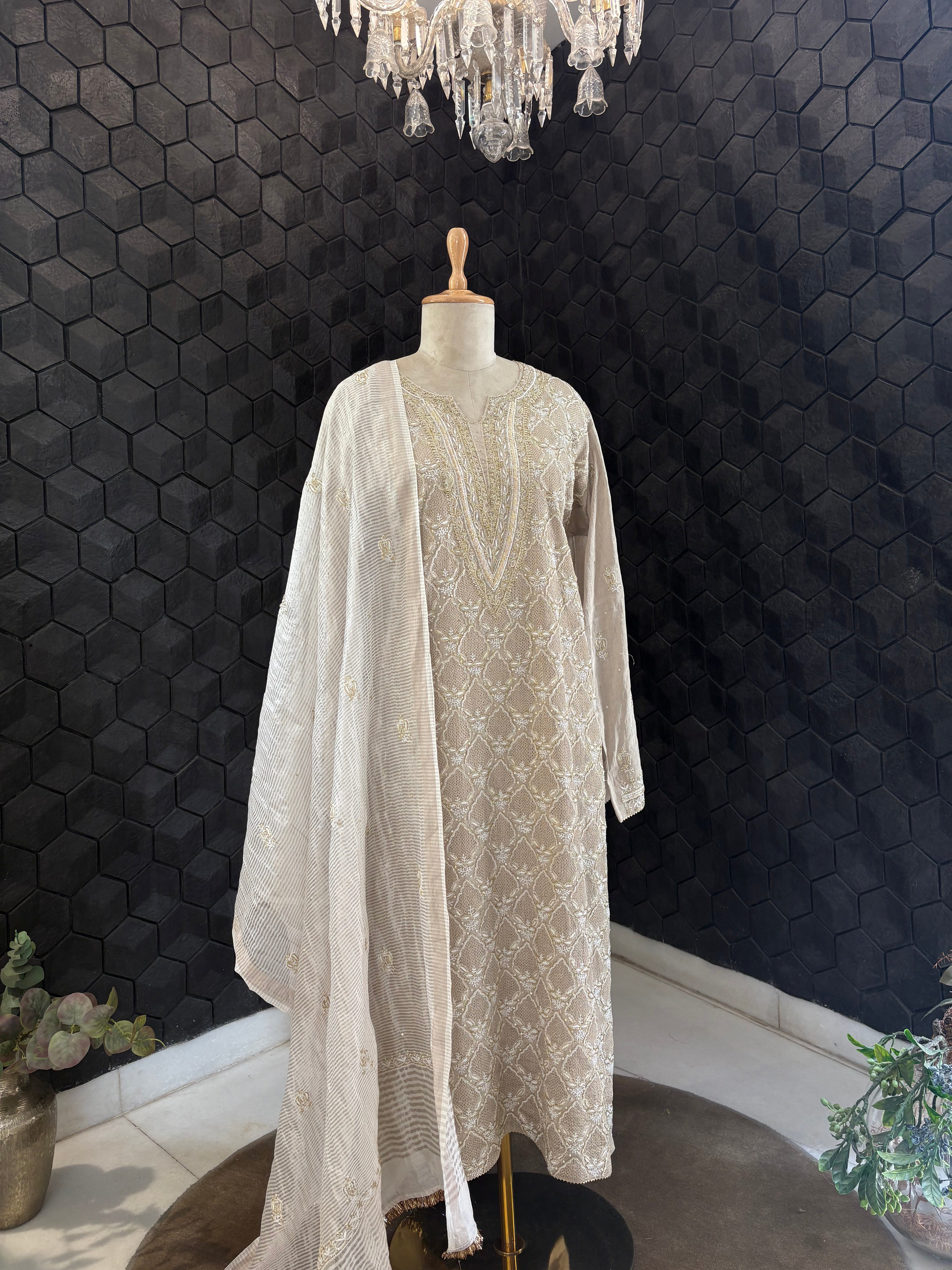 Silver Tissue Chikankari Kurta Set