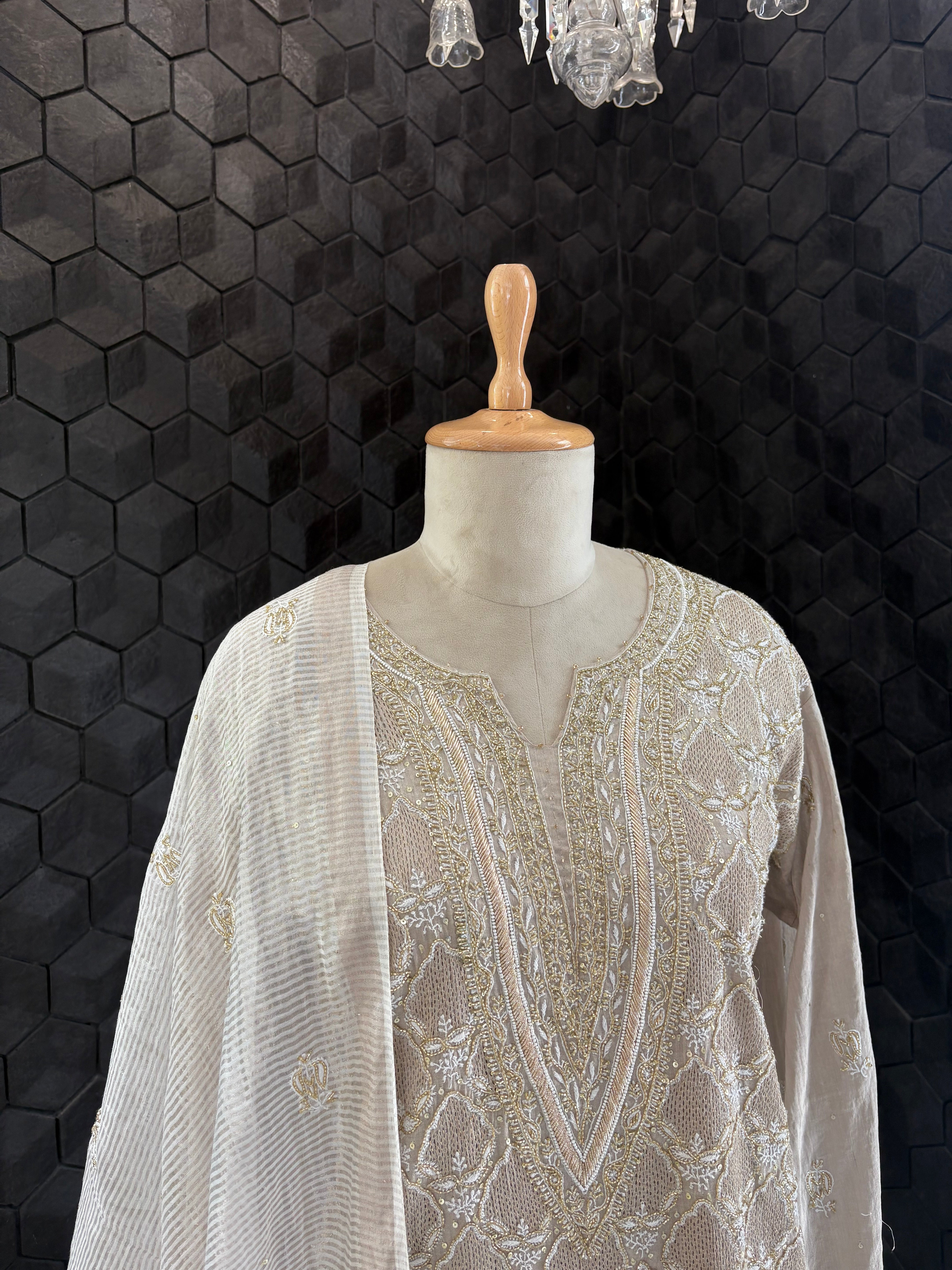 Silver Tissue Chikankari Kurta Set