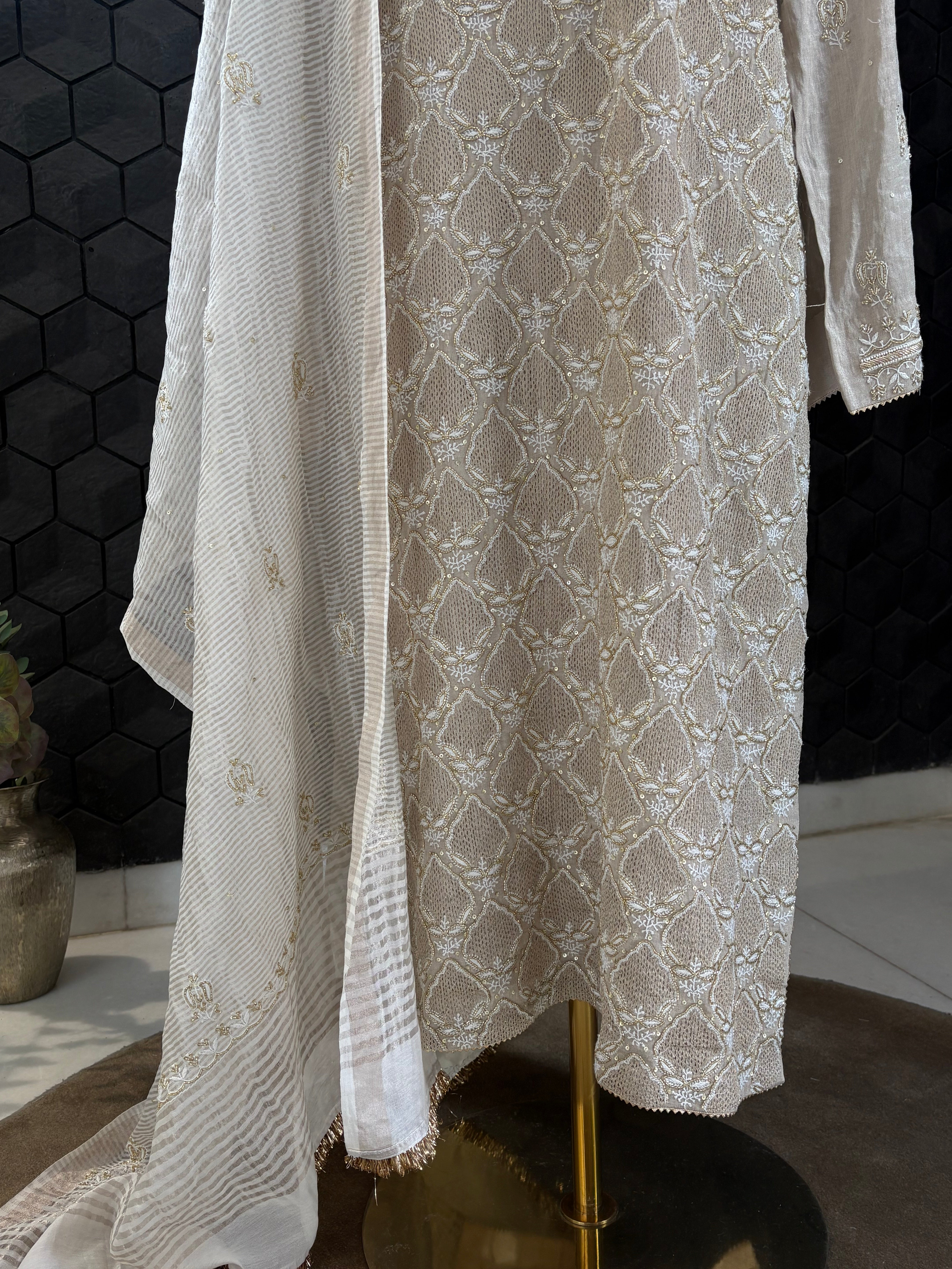 Silver Tissue Chikankari Kurta Set