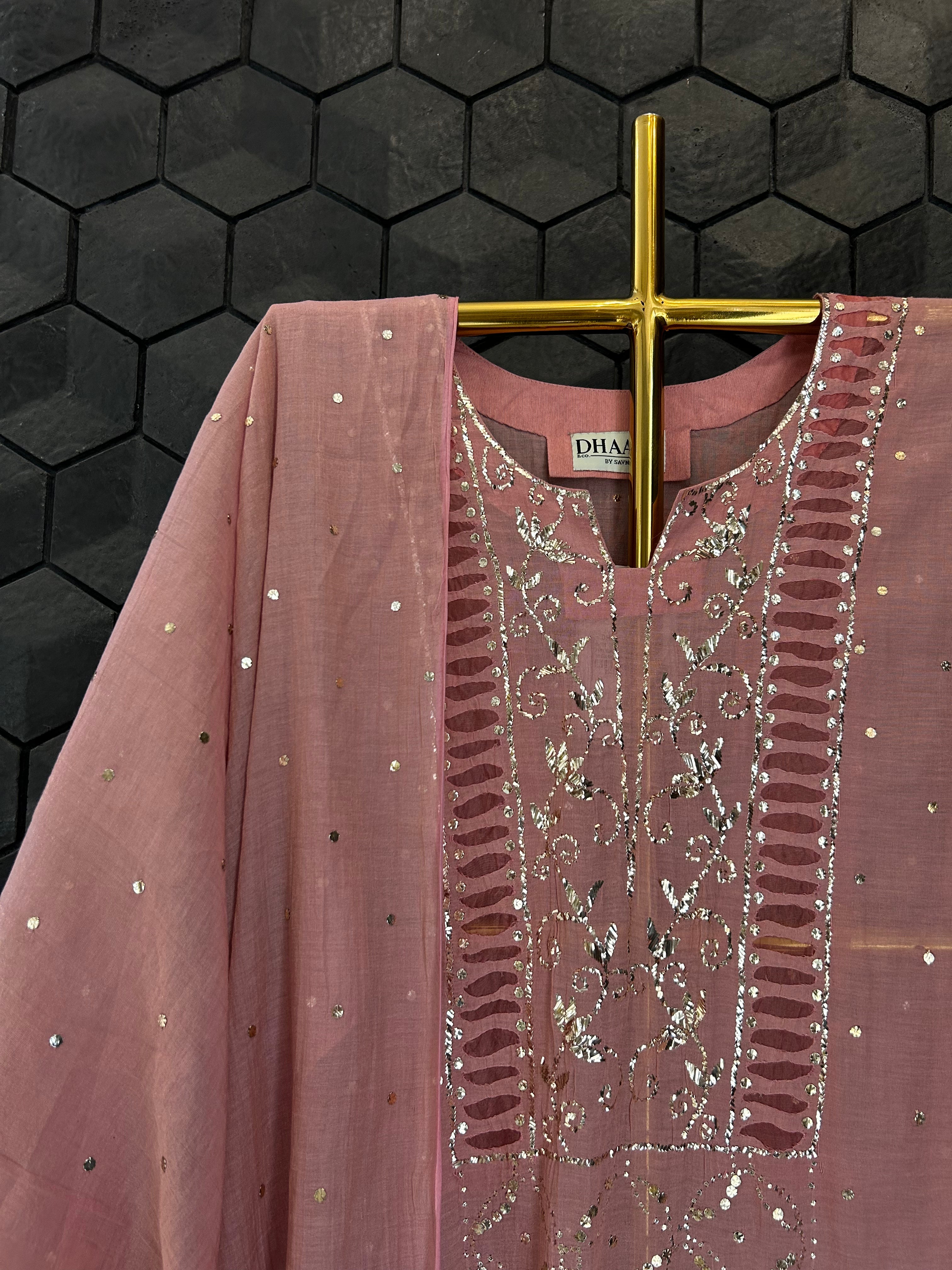 Pink Golden Tissue Mukaish Kurta Set