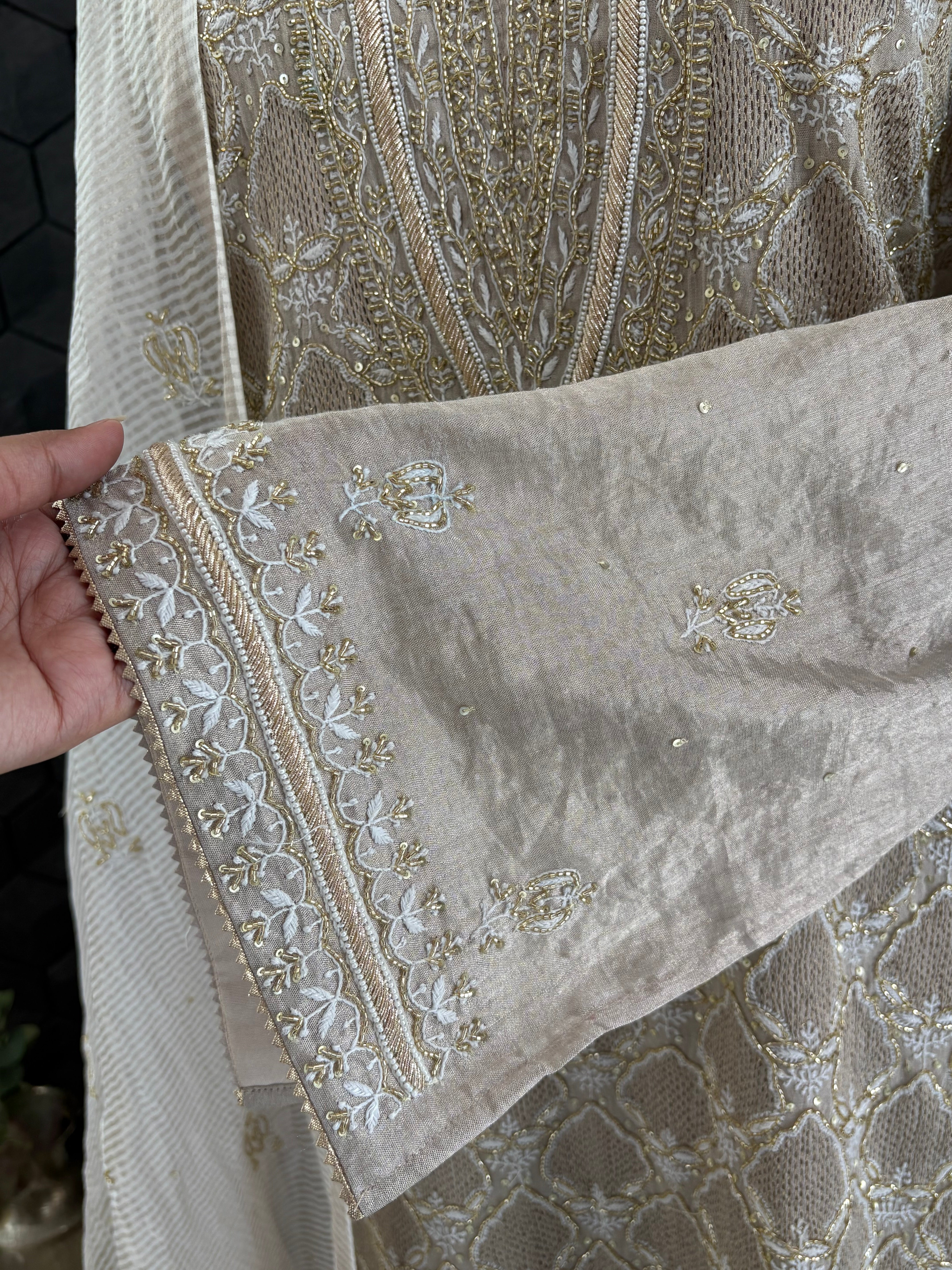 Silver Tissue Chikankari Kurta Set