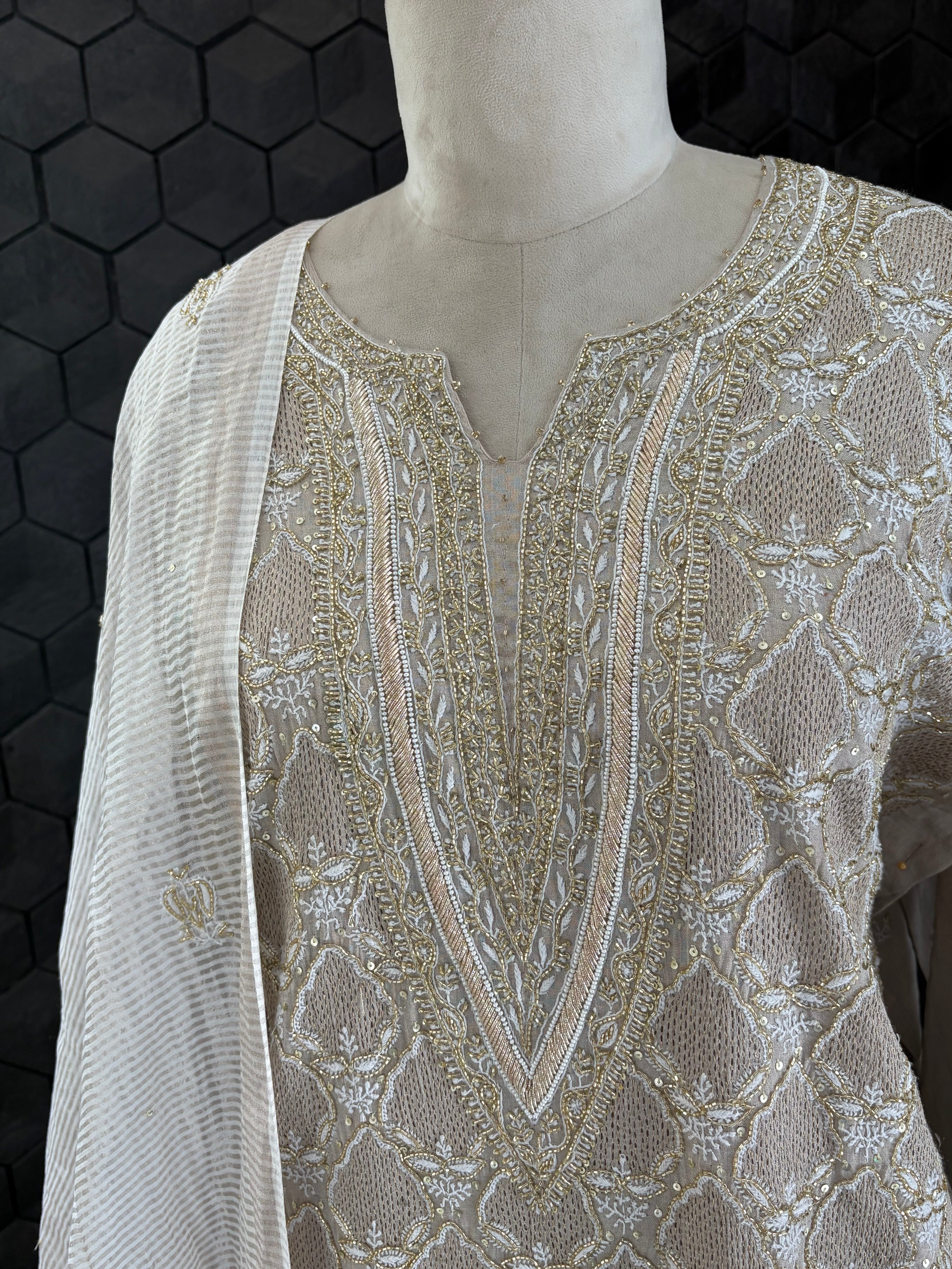 Silver Tissue Chikankari Kurta Set
