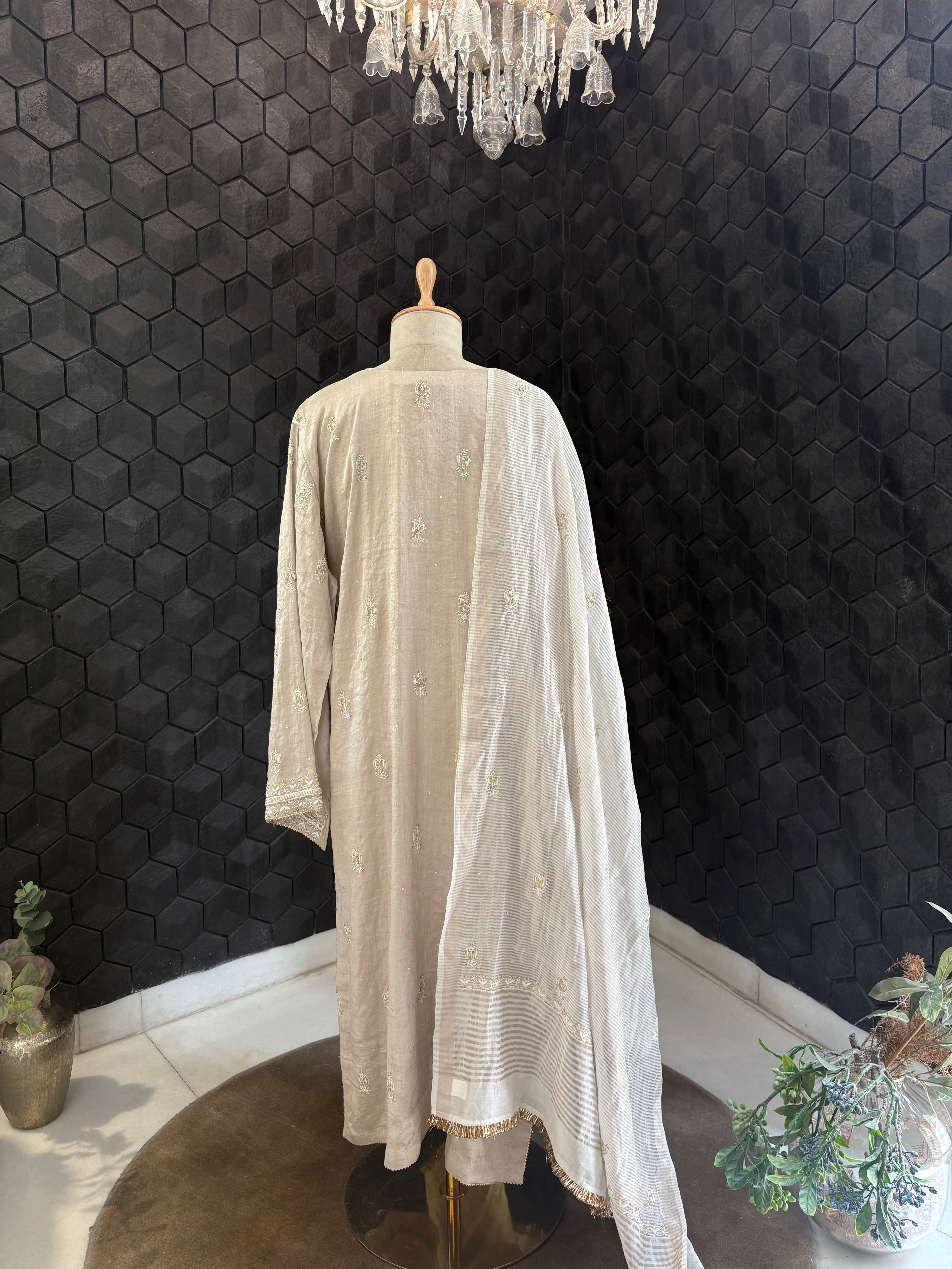 Silver Tissue Chikankari Kurta Set