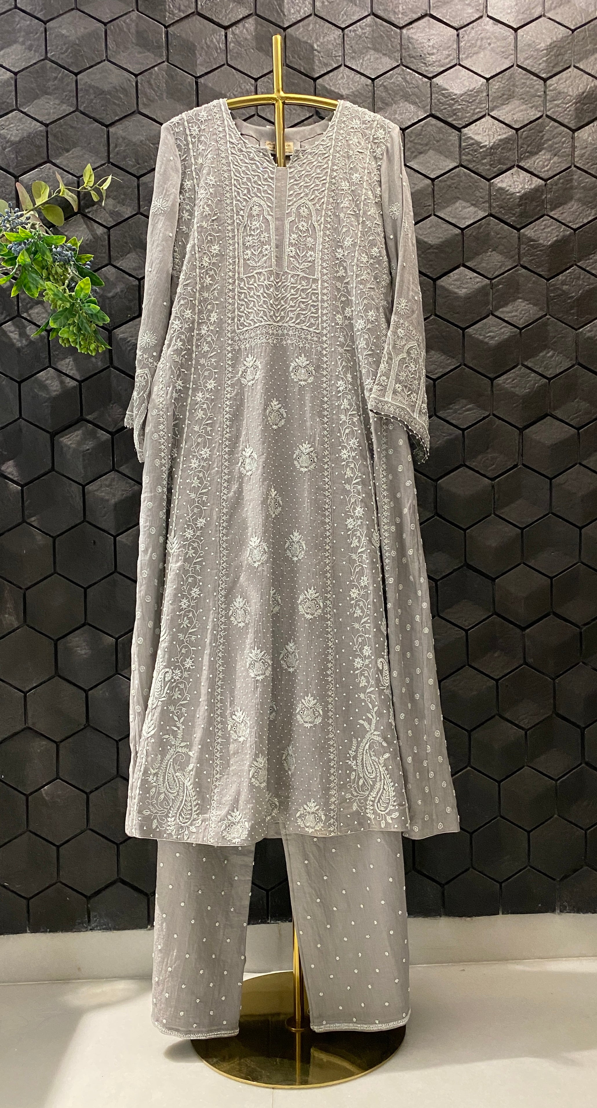 Grey silver tissue chikankari Anarkali set