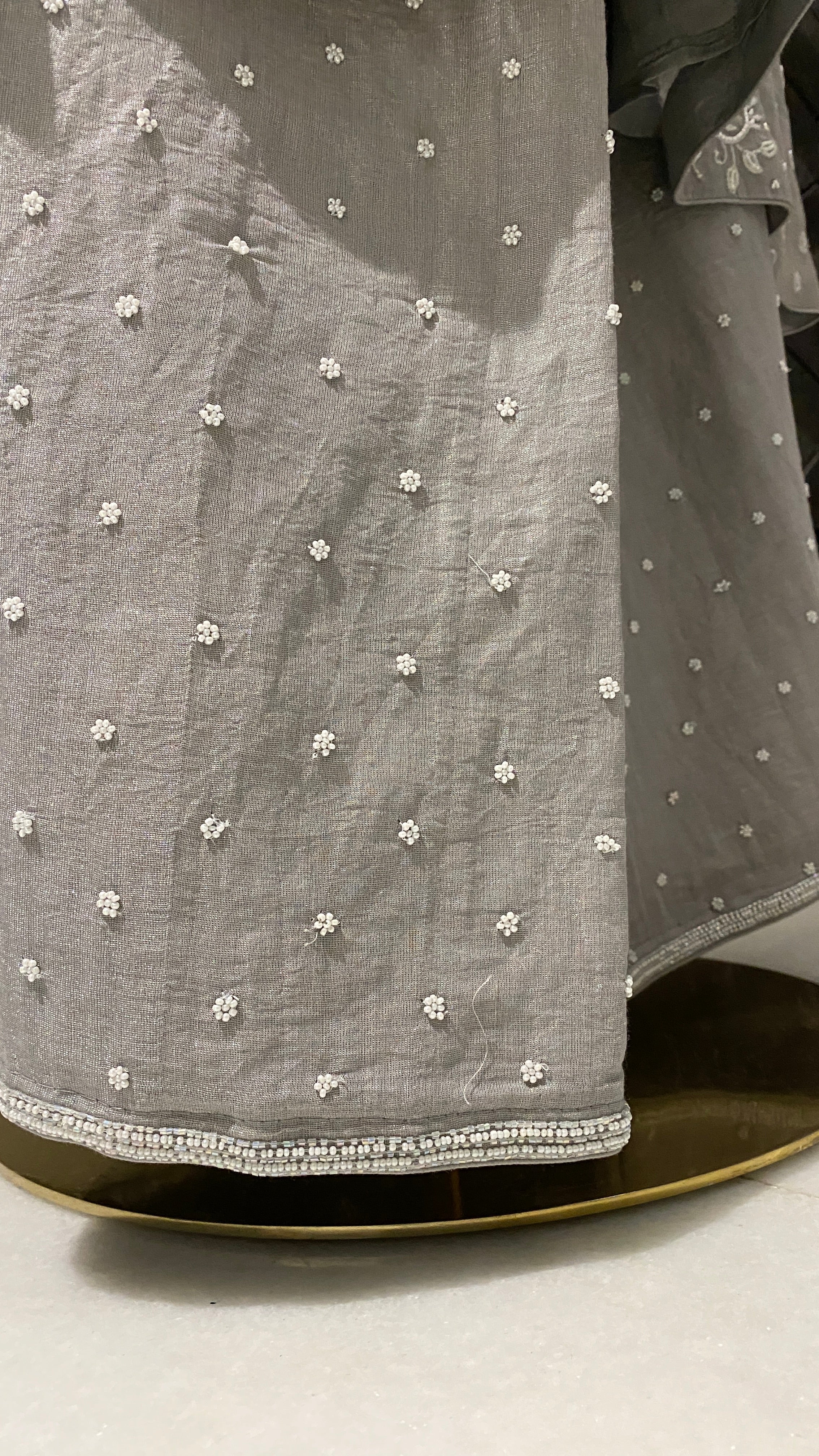 Grey silver tissue chikankari Anarkali set