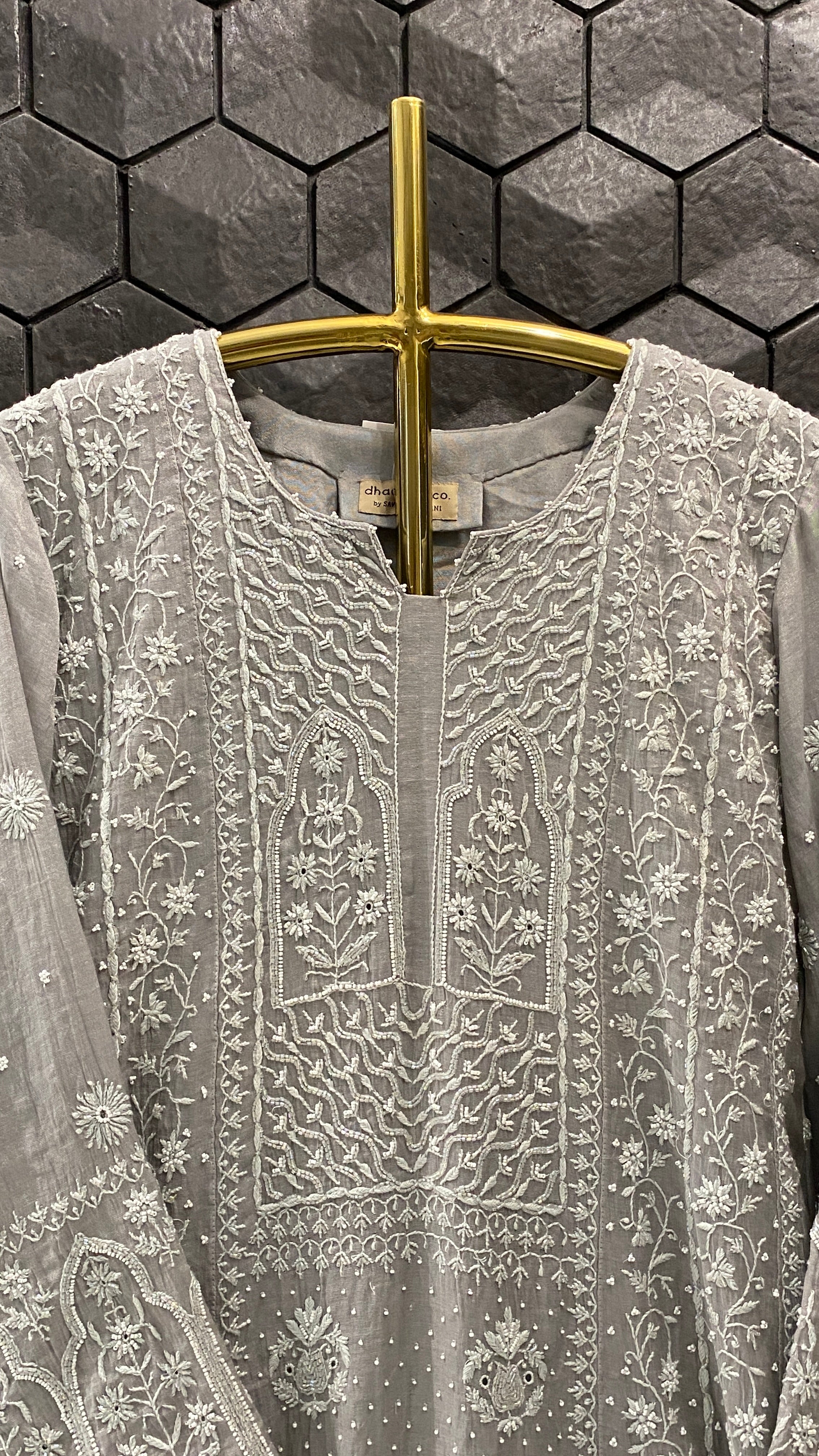 Grey silver tissue chikankari Anarkali set