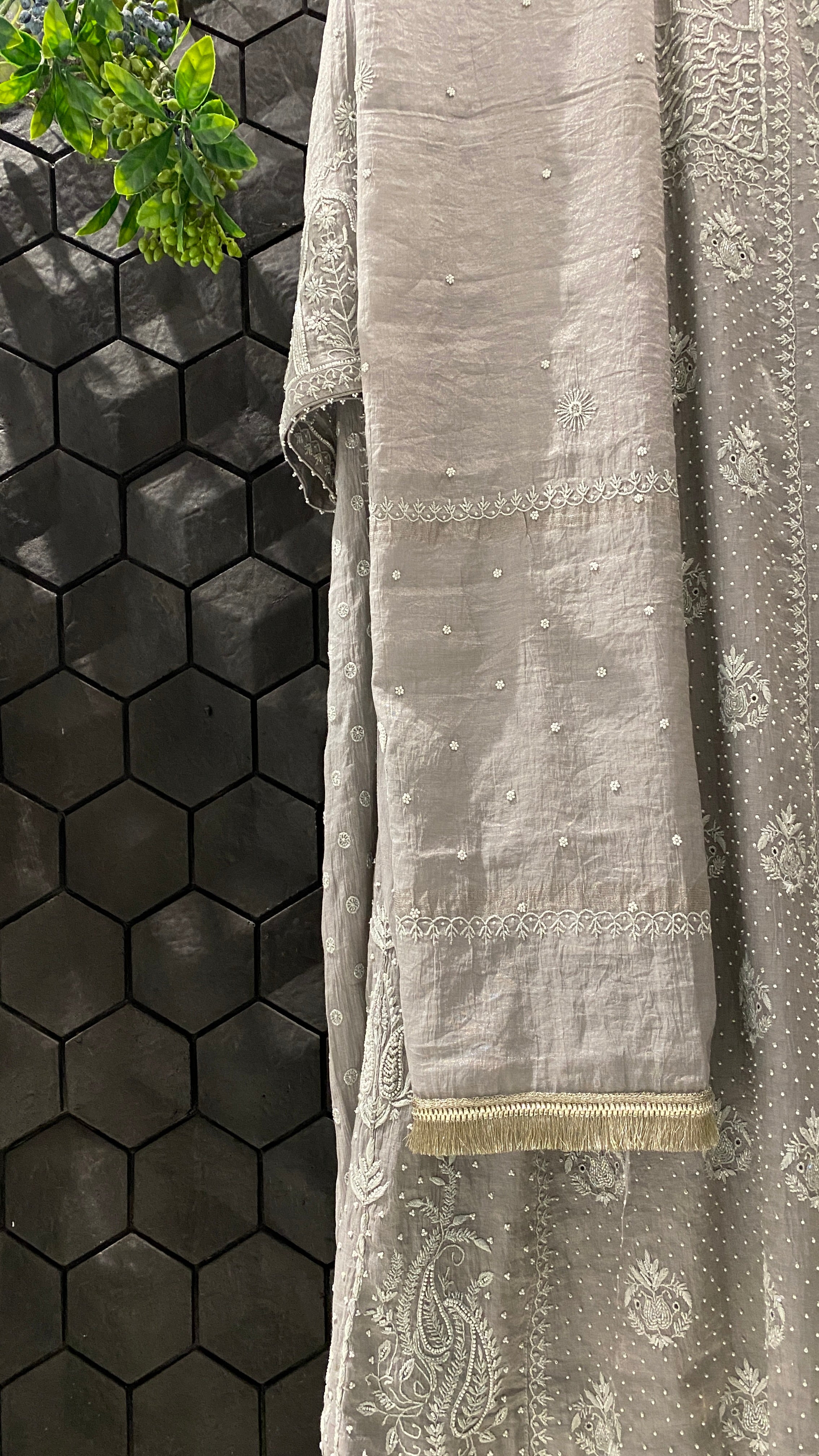 Grey silver tissue chikankari Anarkali set