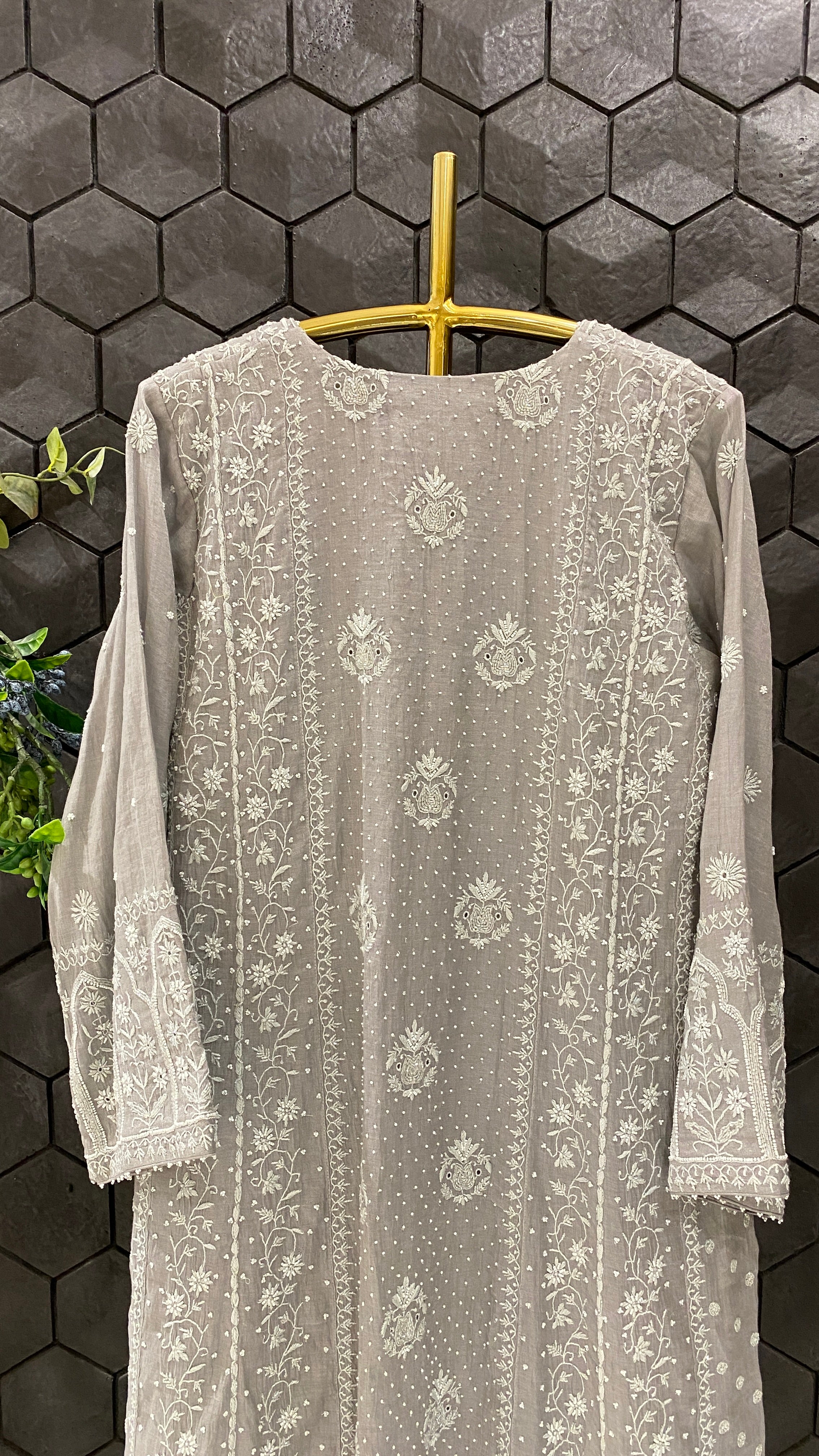 Grey silver tissue chikankari Anarkali set