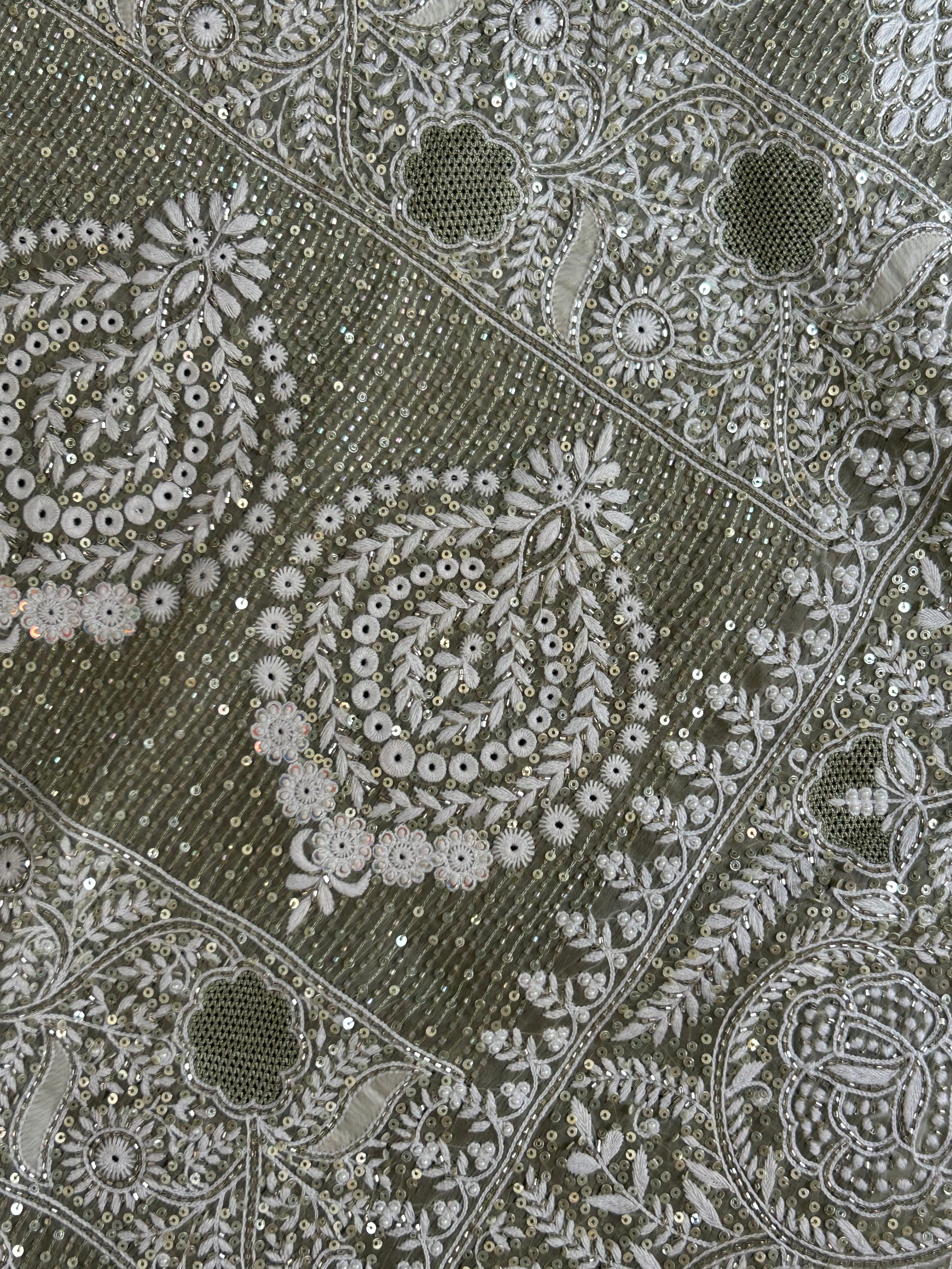 Green Organza Satin Chikankari Saree