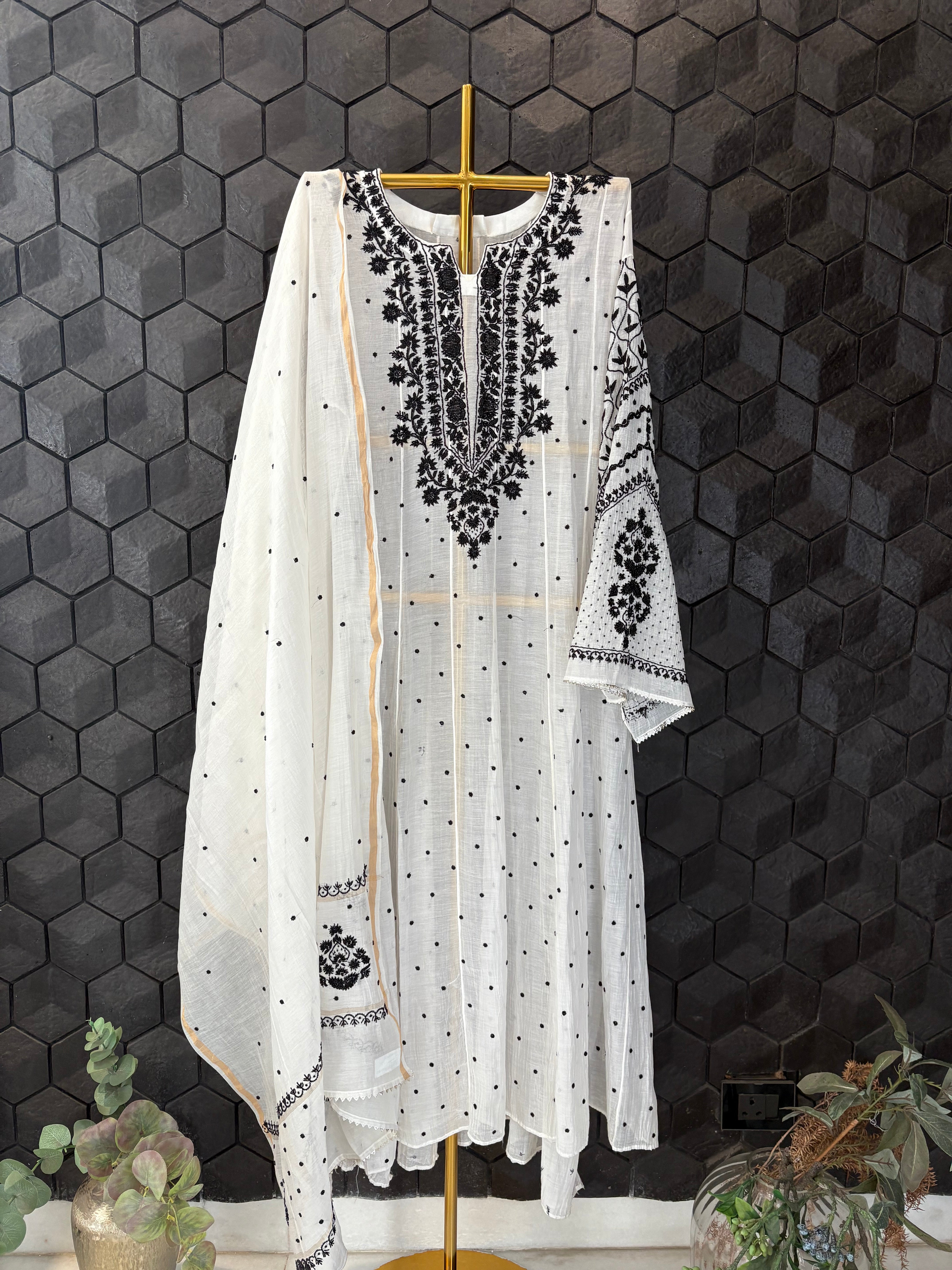White Mul Chanderi Chikankari Kurta Set