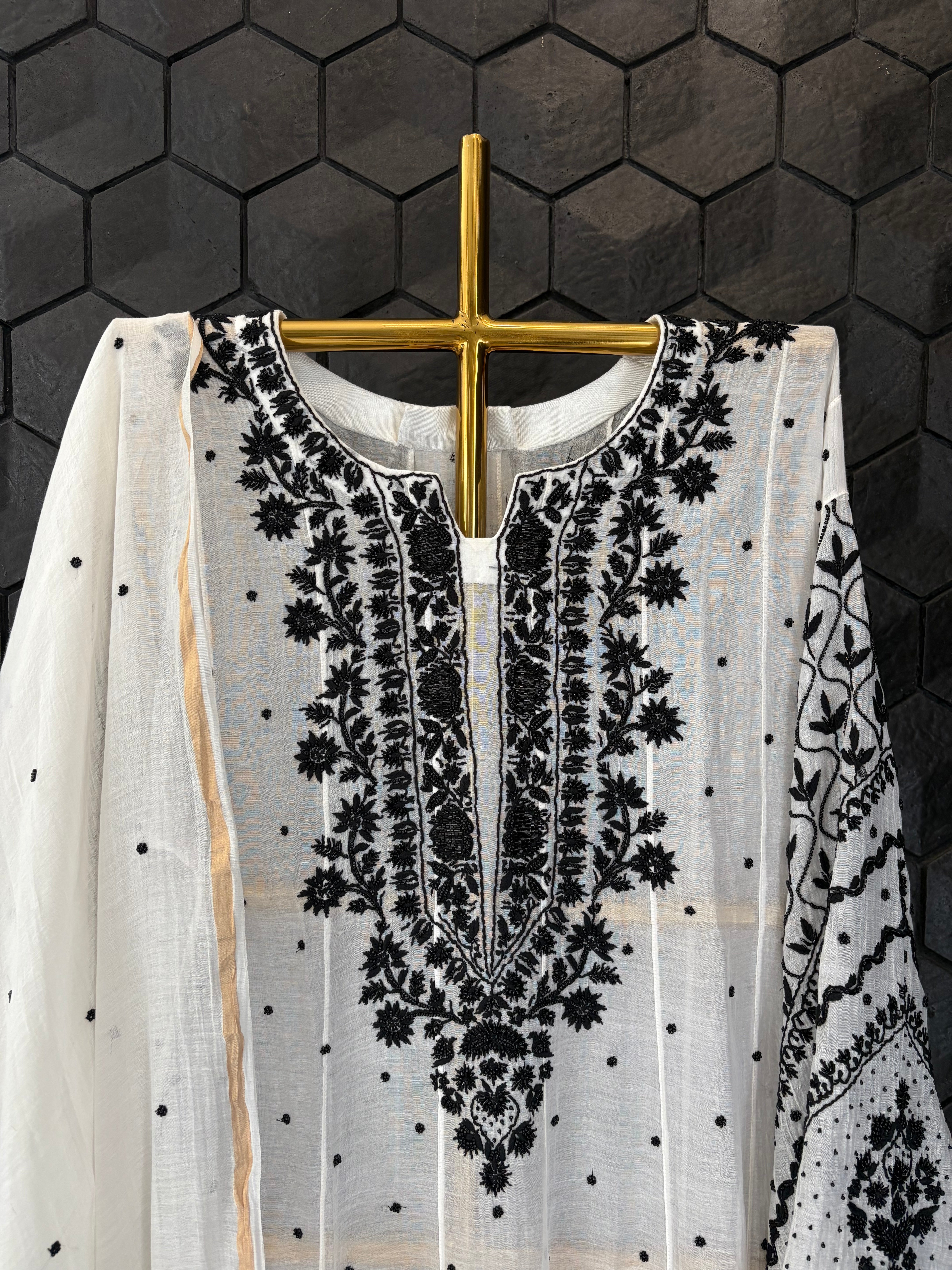 White Mul Chanderi Chikankari Kurta Set