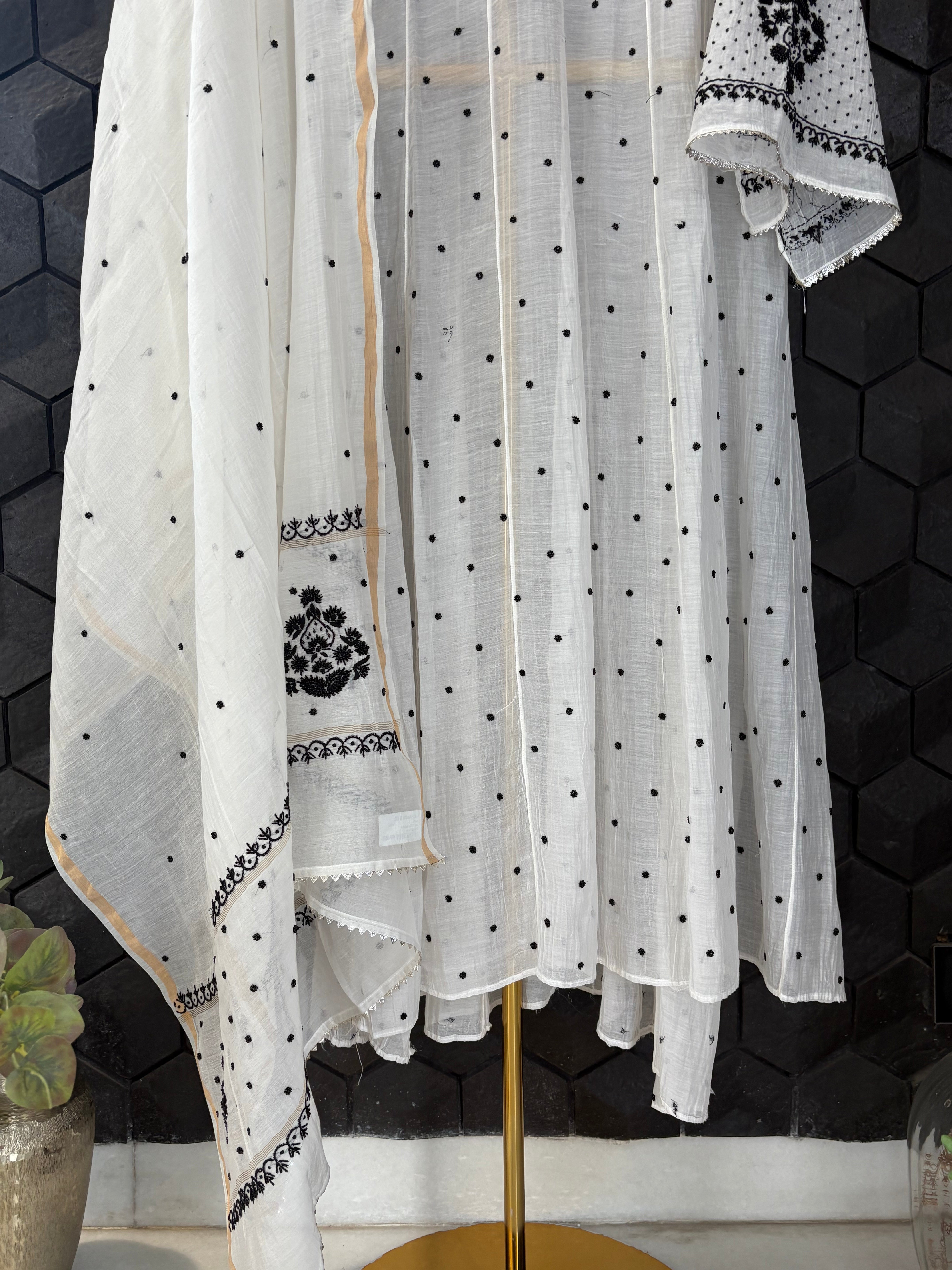 White Mul Chanderi Chikankari Kurta Set