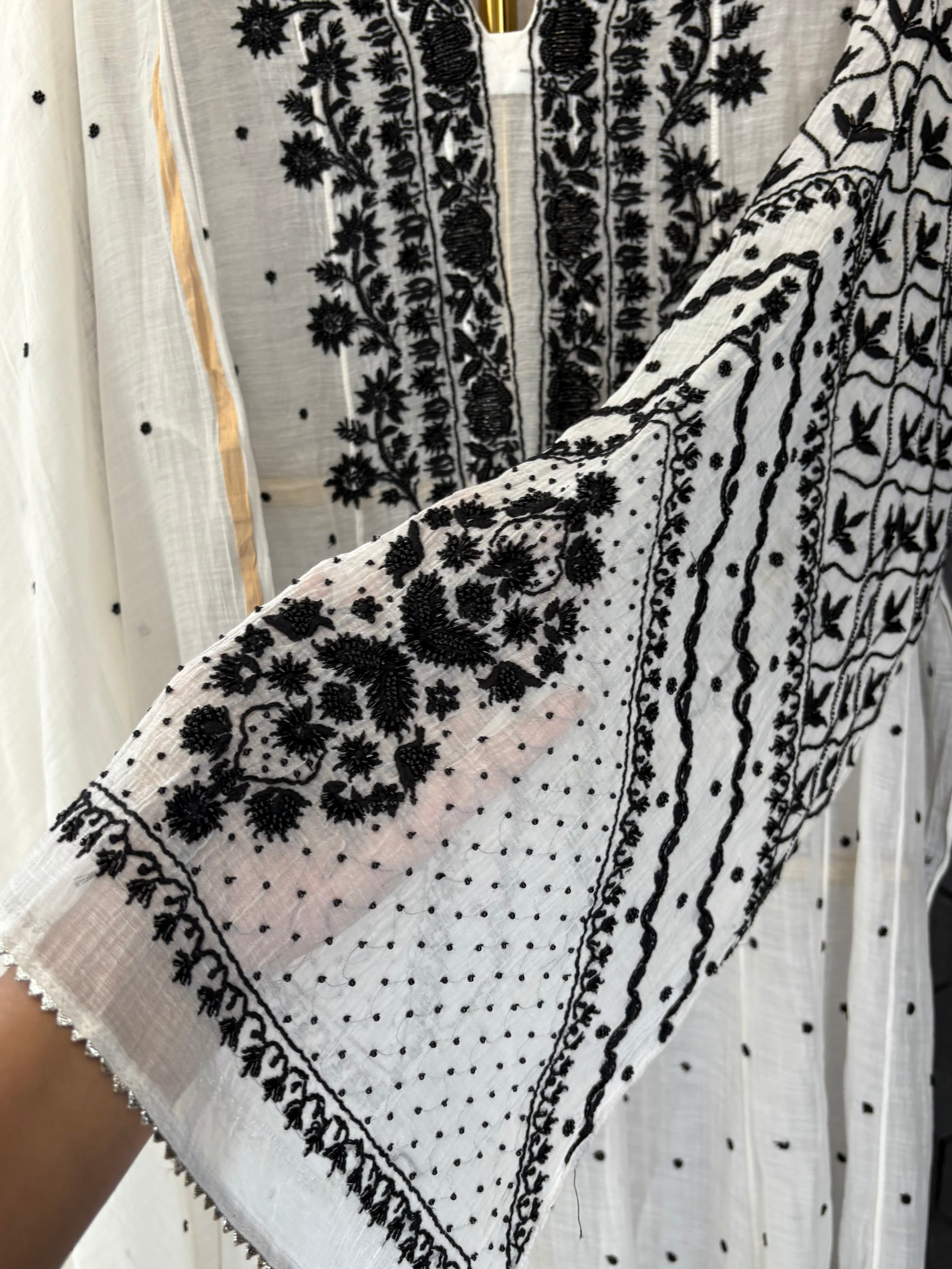 White Mul Chanderi Chikankari Kurta Set