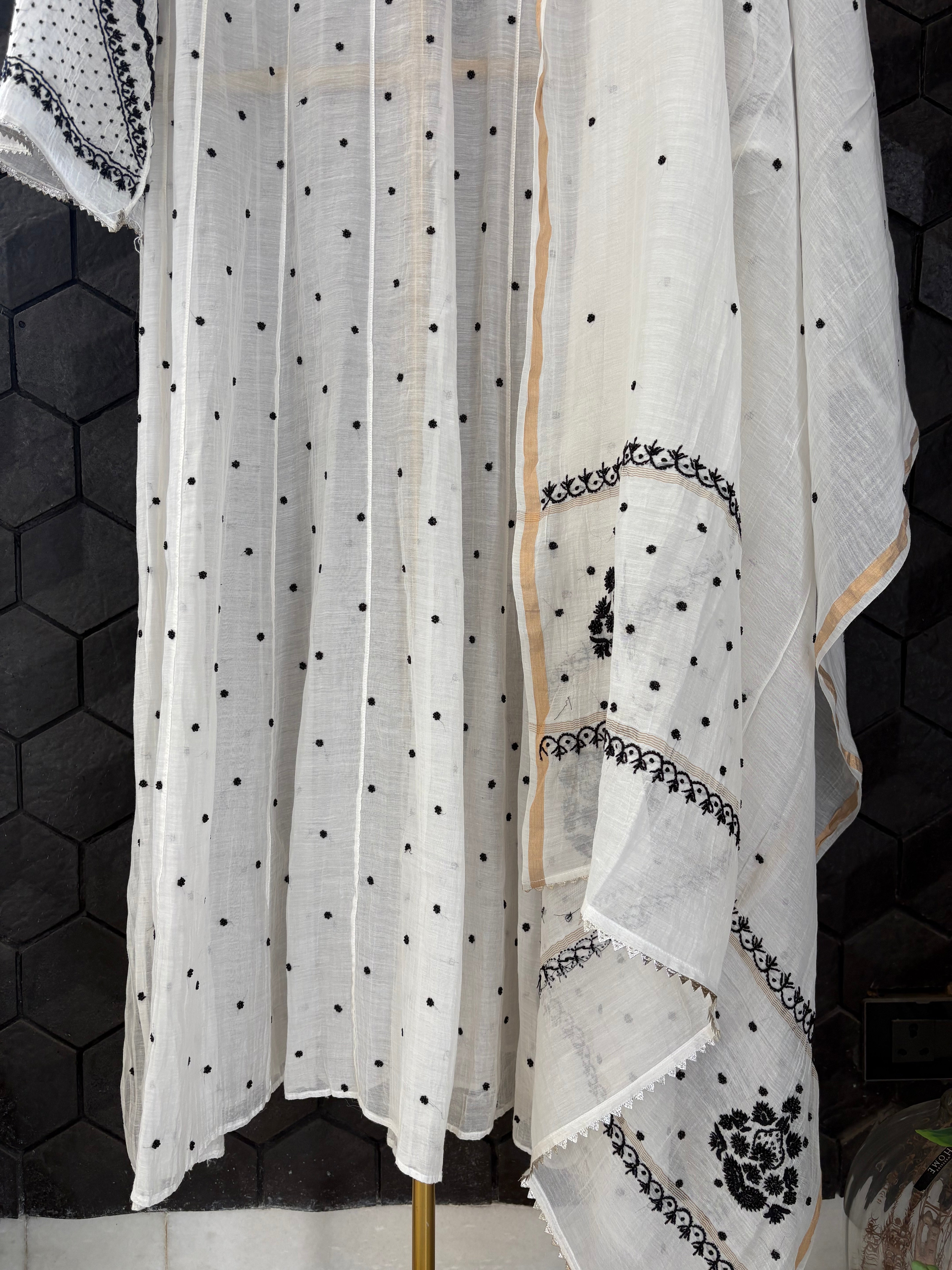 White Mul Chanderi Chikankari Kurta Set