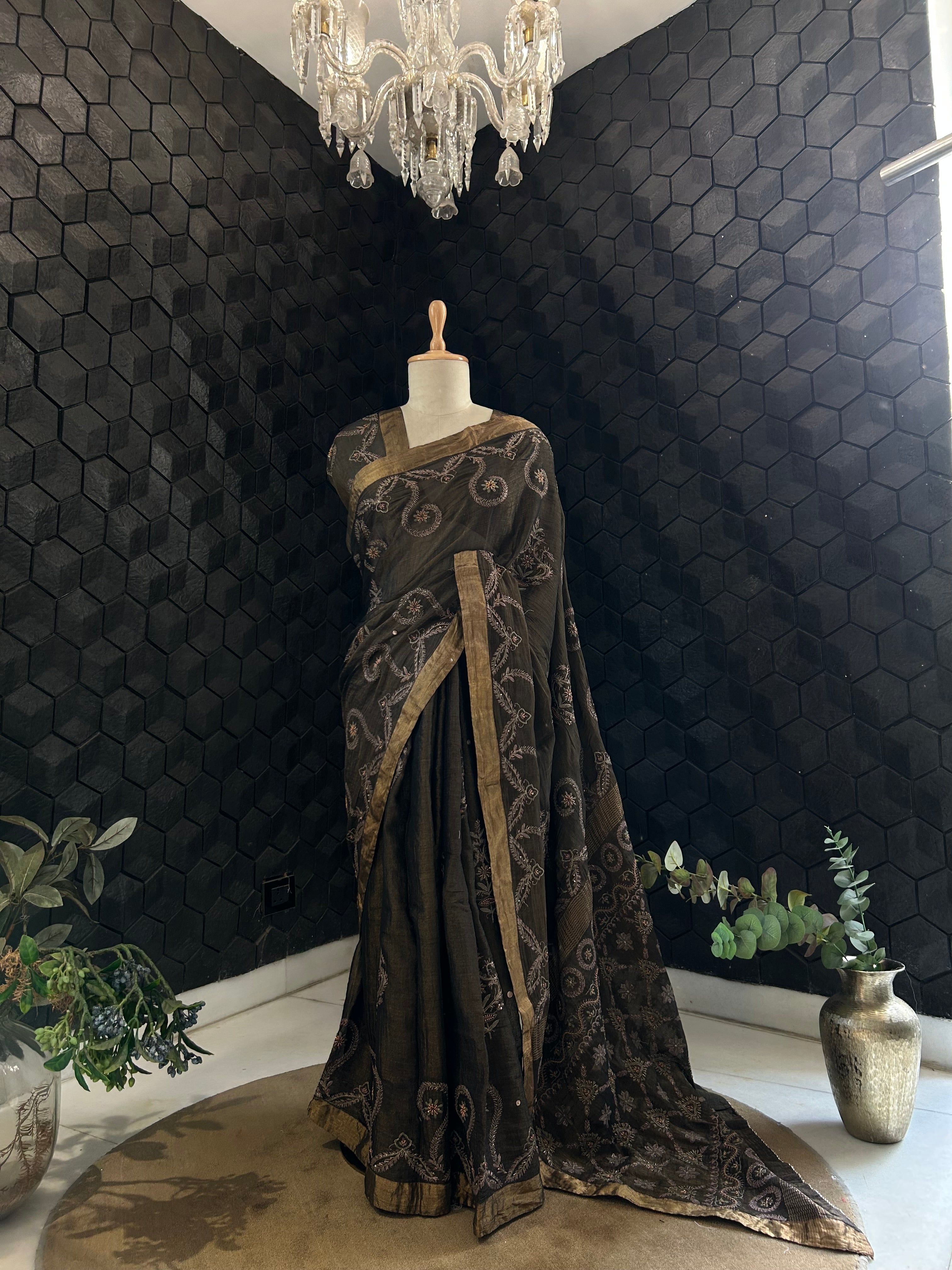 Black Tissue Chikankari Saree