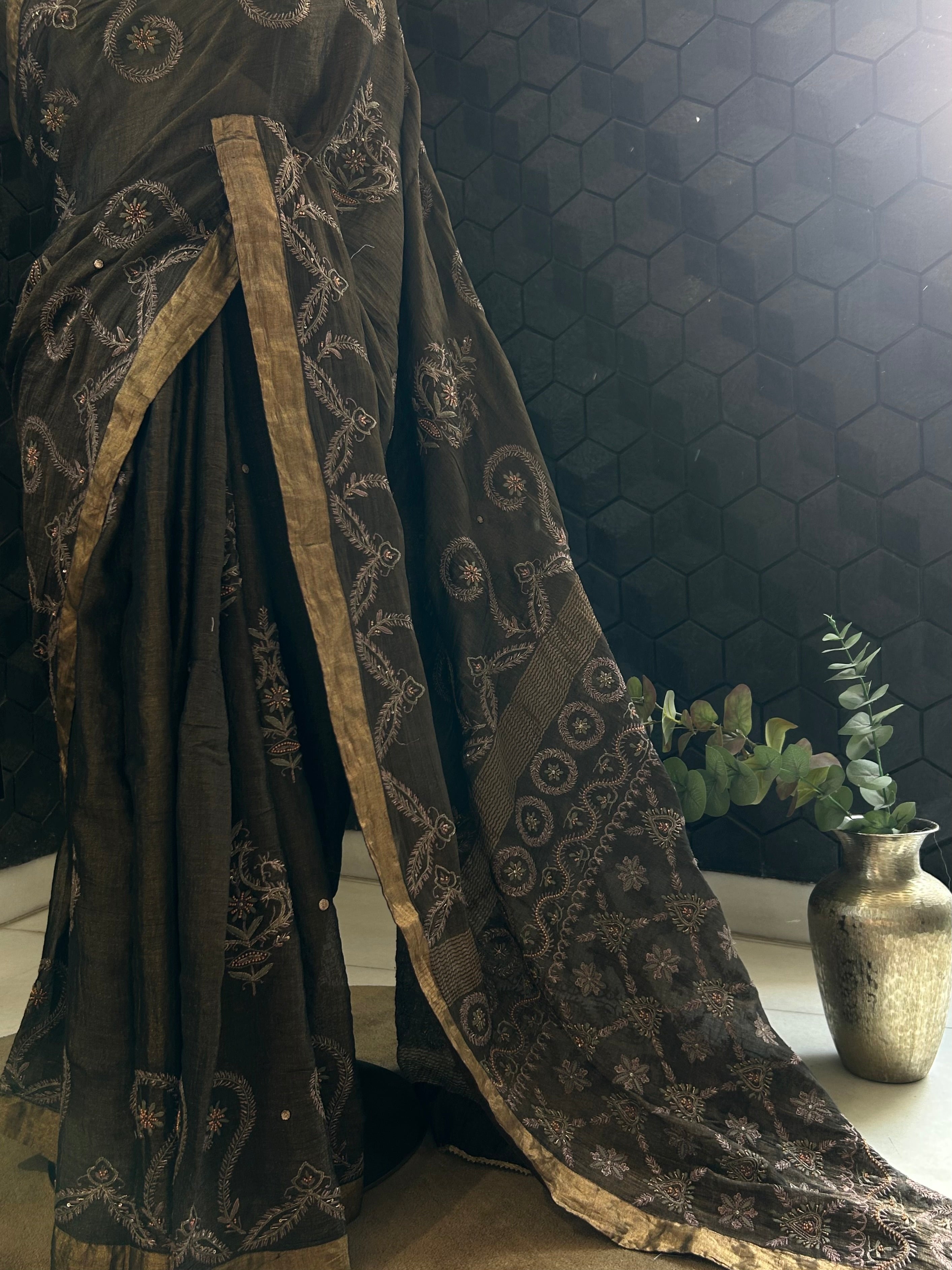 Black Tissue Chikankari Saree
