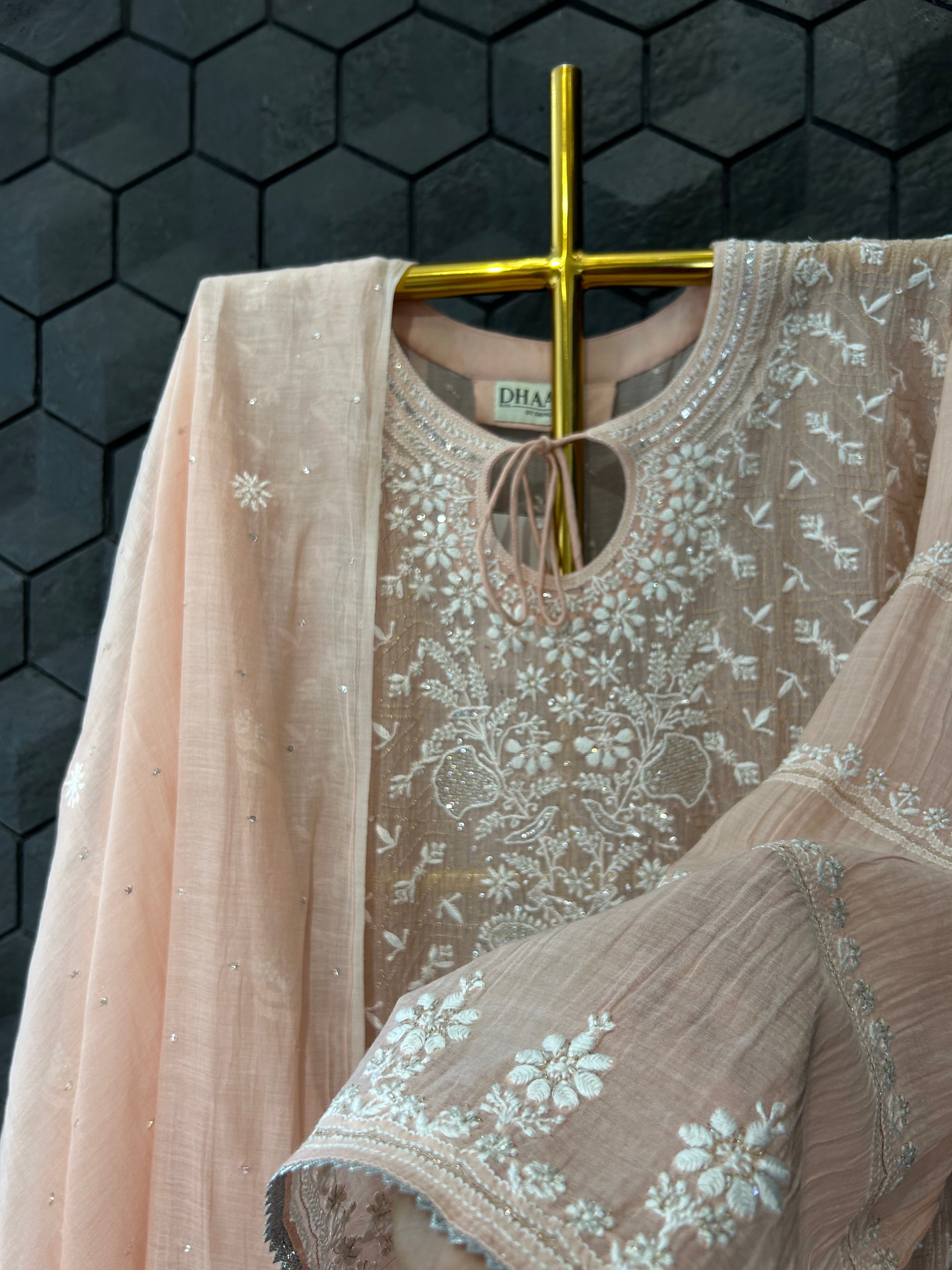 Peach mul chanderi chikankari kurta set