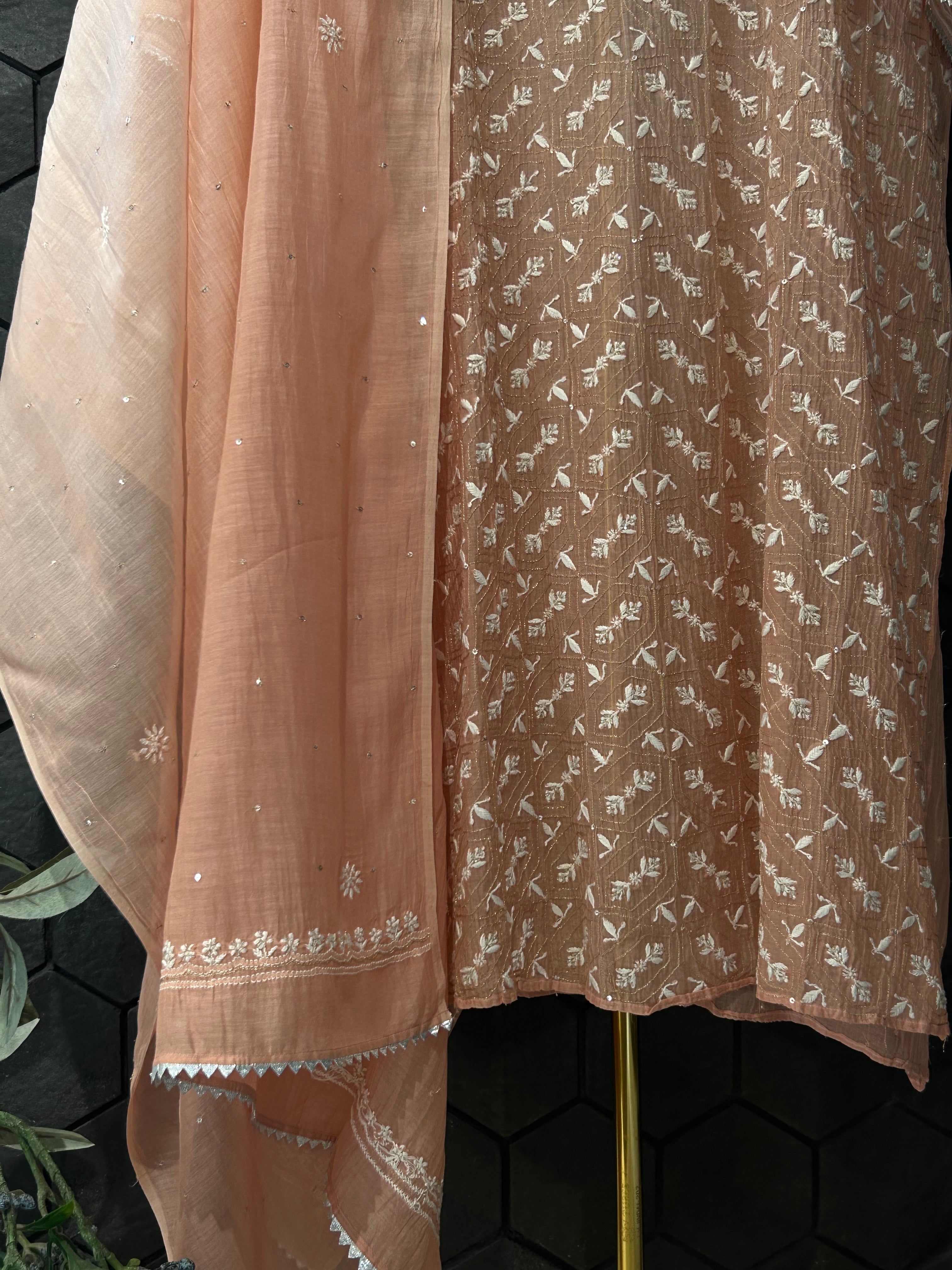 Peach mul chanderi chikankari kurta set
