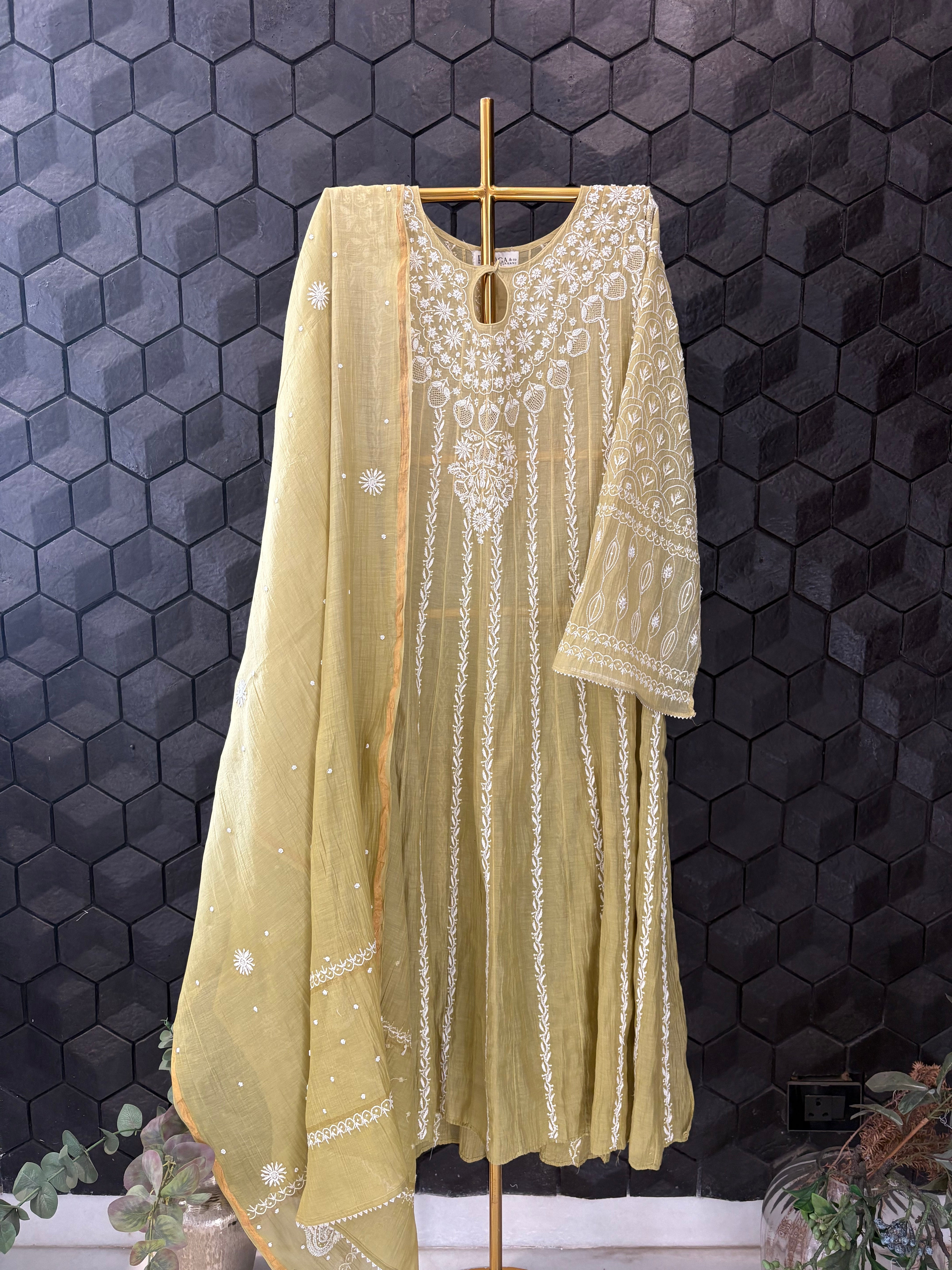 Pista Green Mul Chanderi Anarkali Set