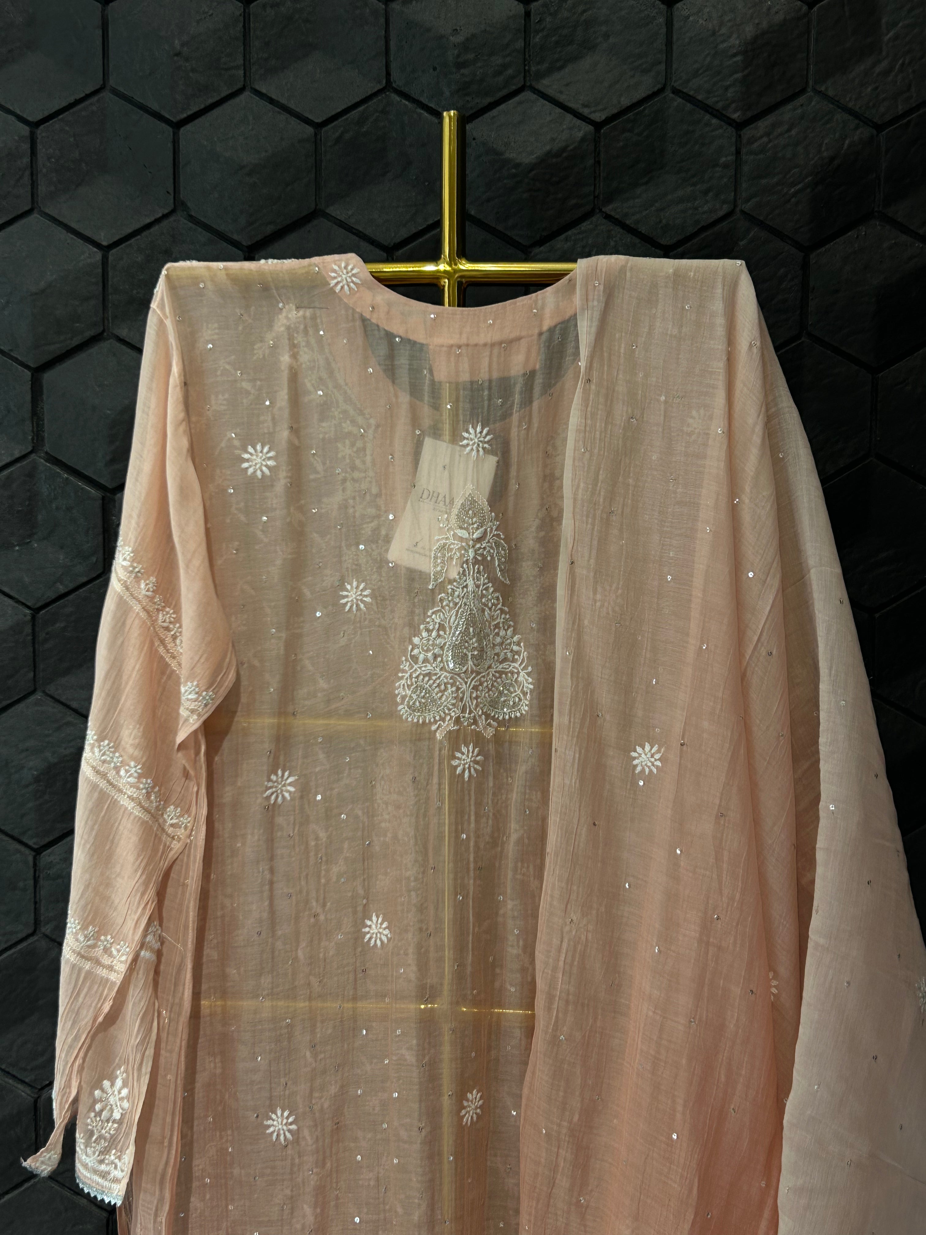 Peach mul chanderi chikankari kurta set