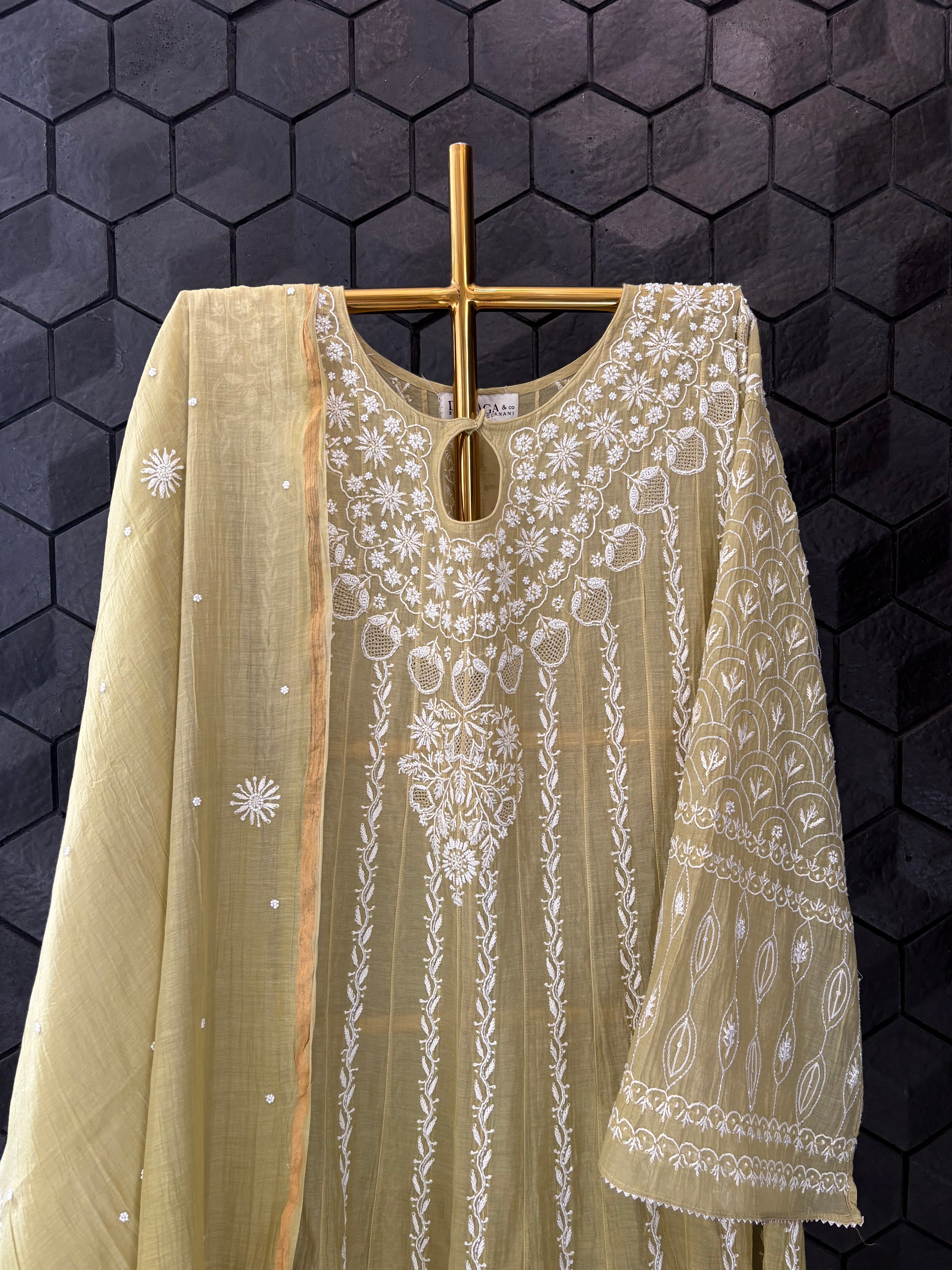 Pista Green Mul Chanderi Anarkali Set