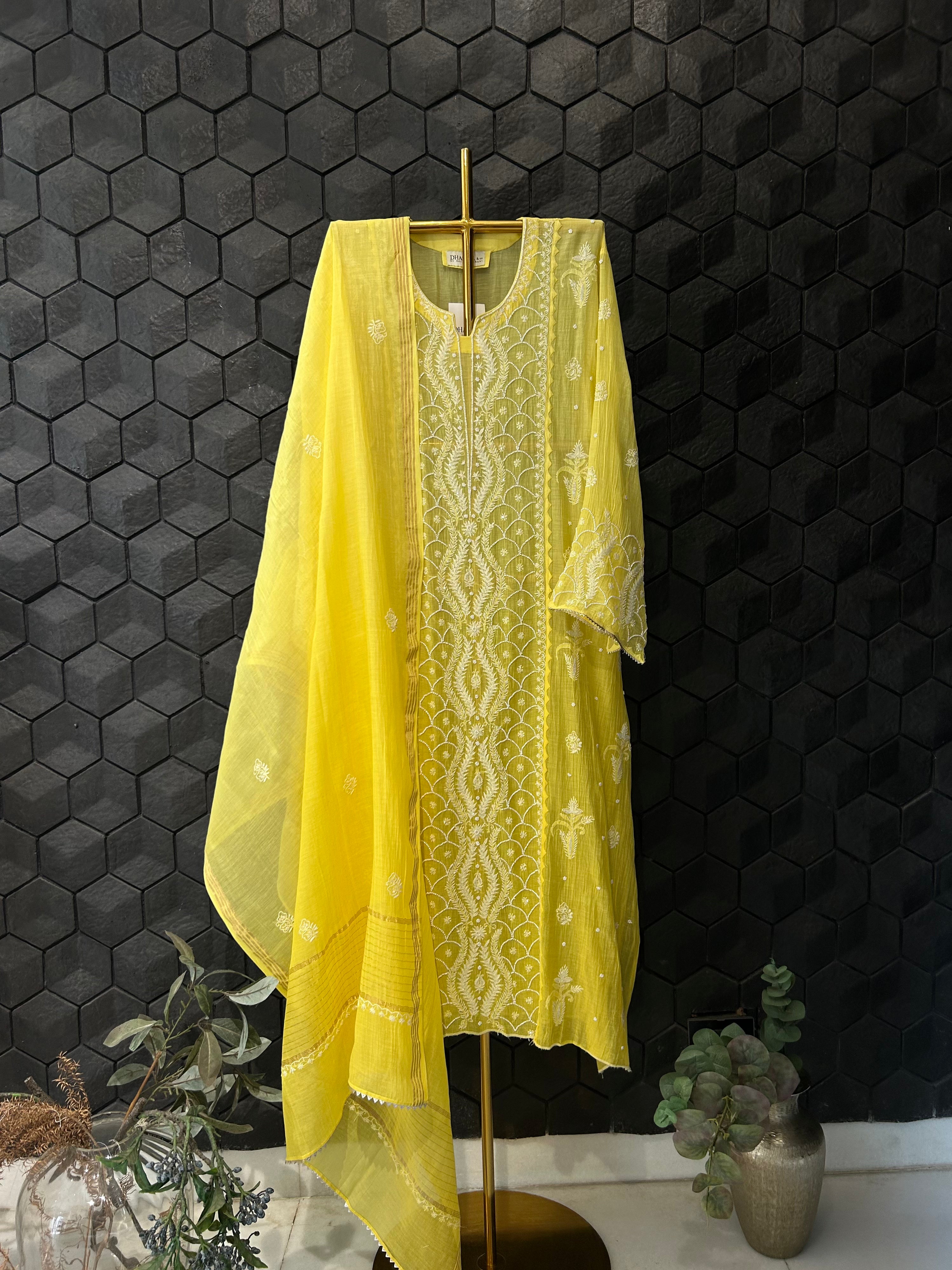 Yellow mul chanderi chikankari kurta set