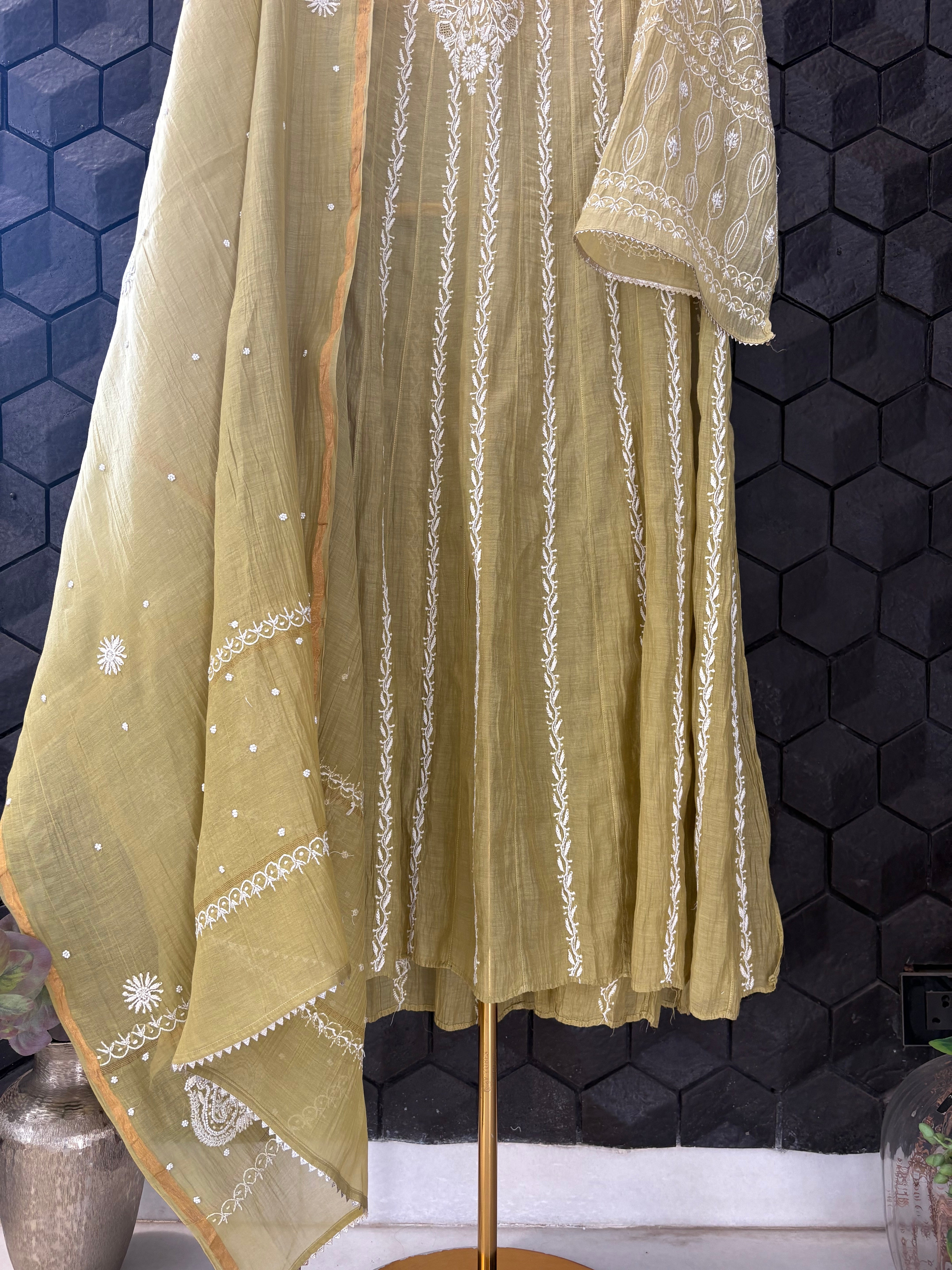Pista Green Mul Chanderi Anarkali Set