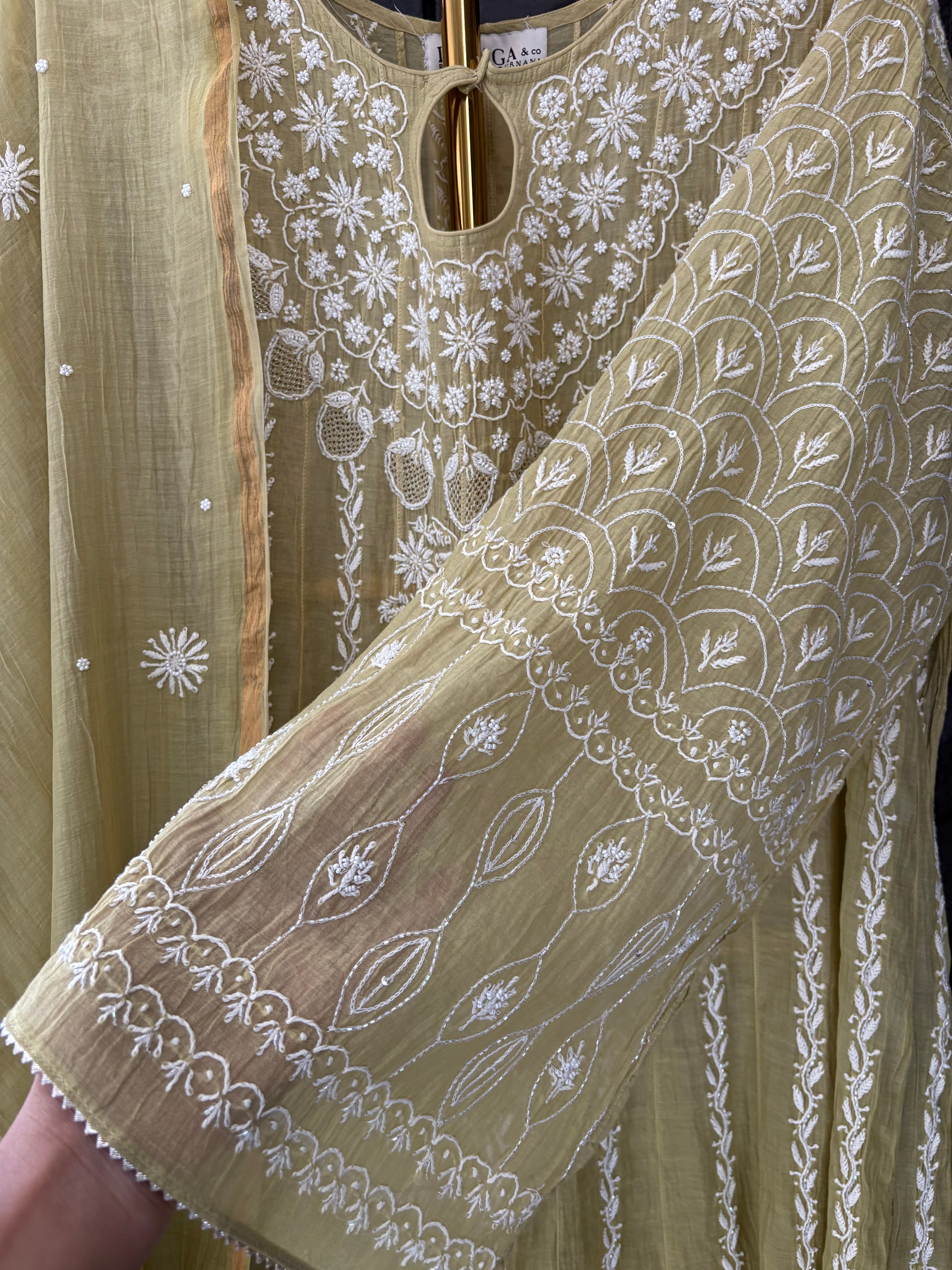 Pista Green Mul Chanderi Anarkali Set