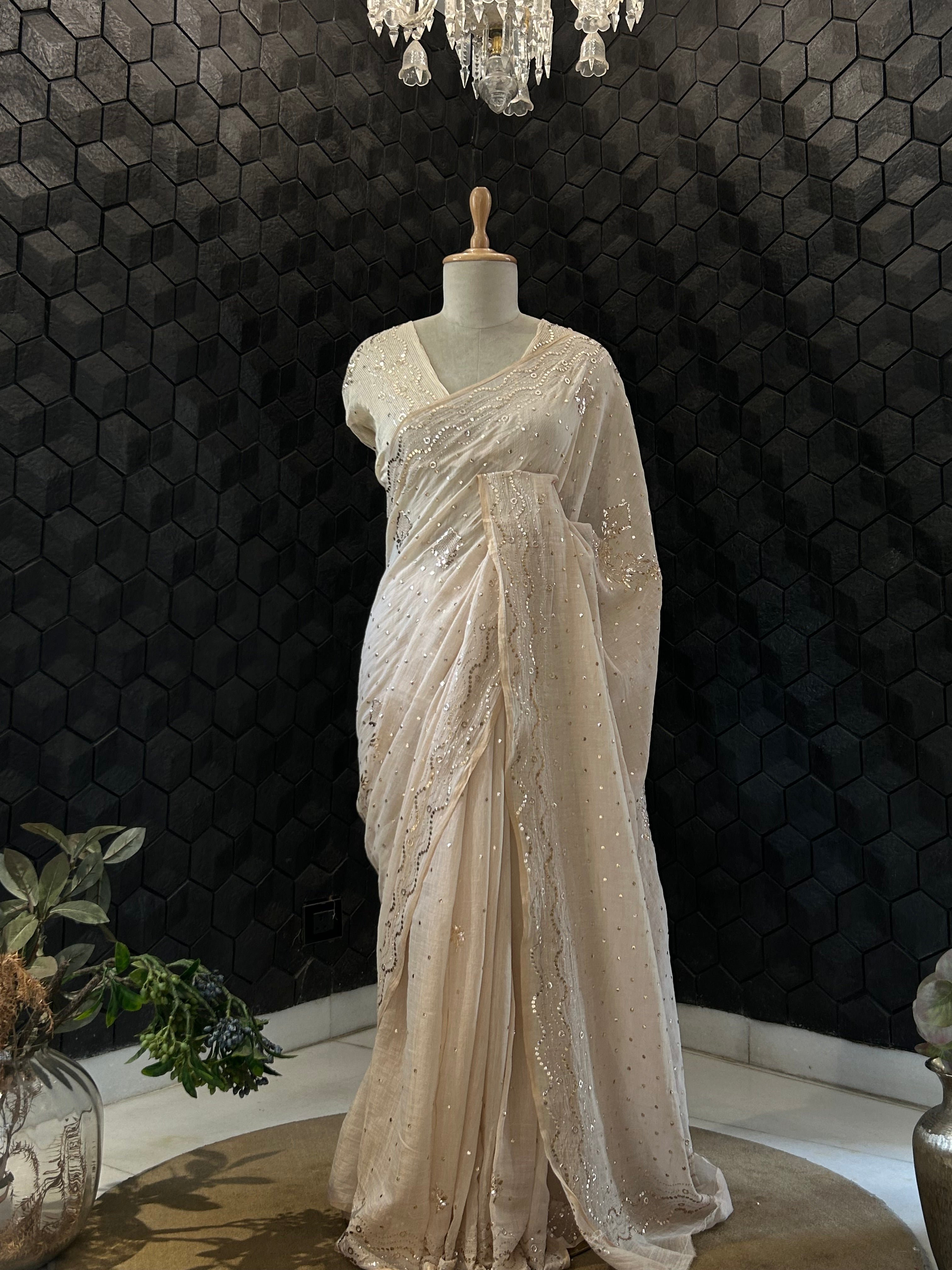 Beige Mukaish Tissue Saree