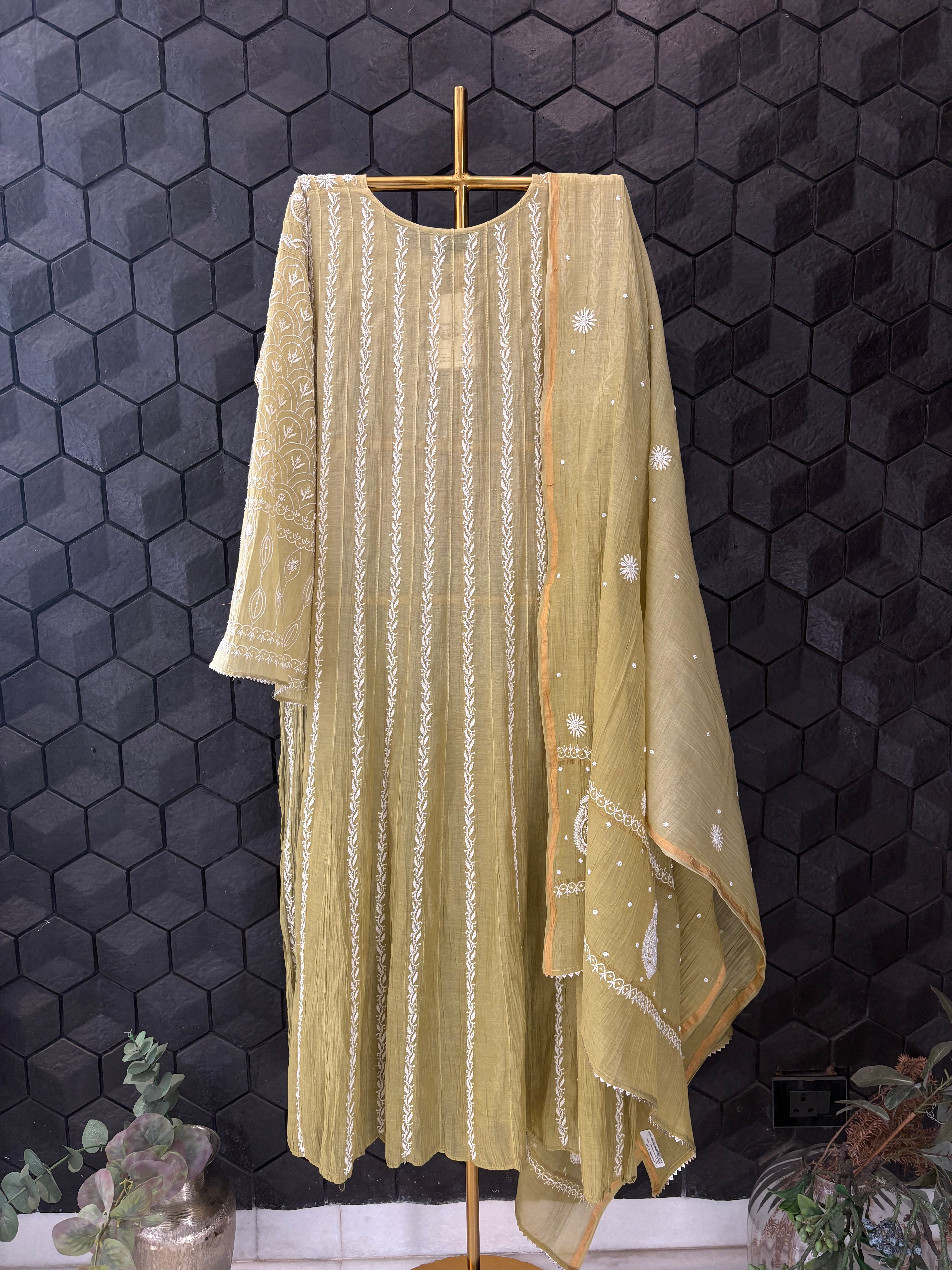 Pista Green Mul Chanderi Anarkali Set
