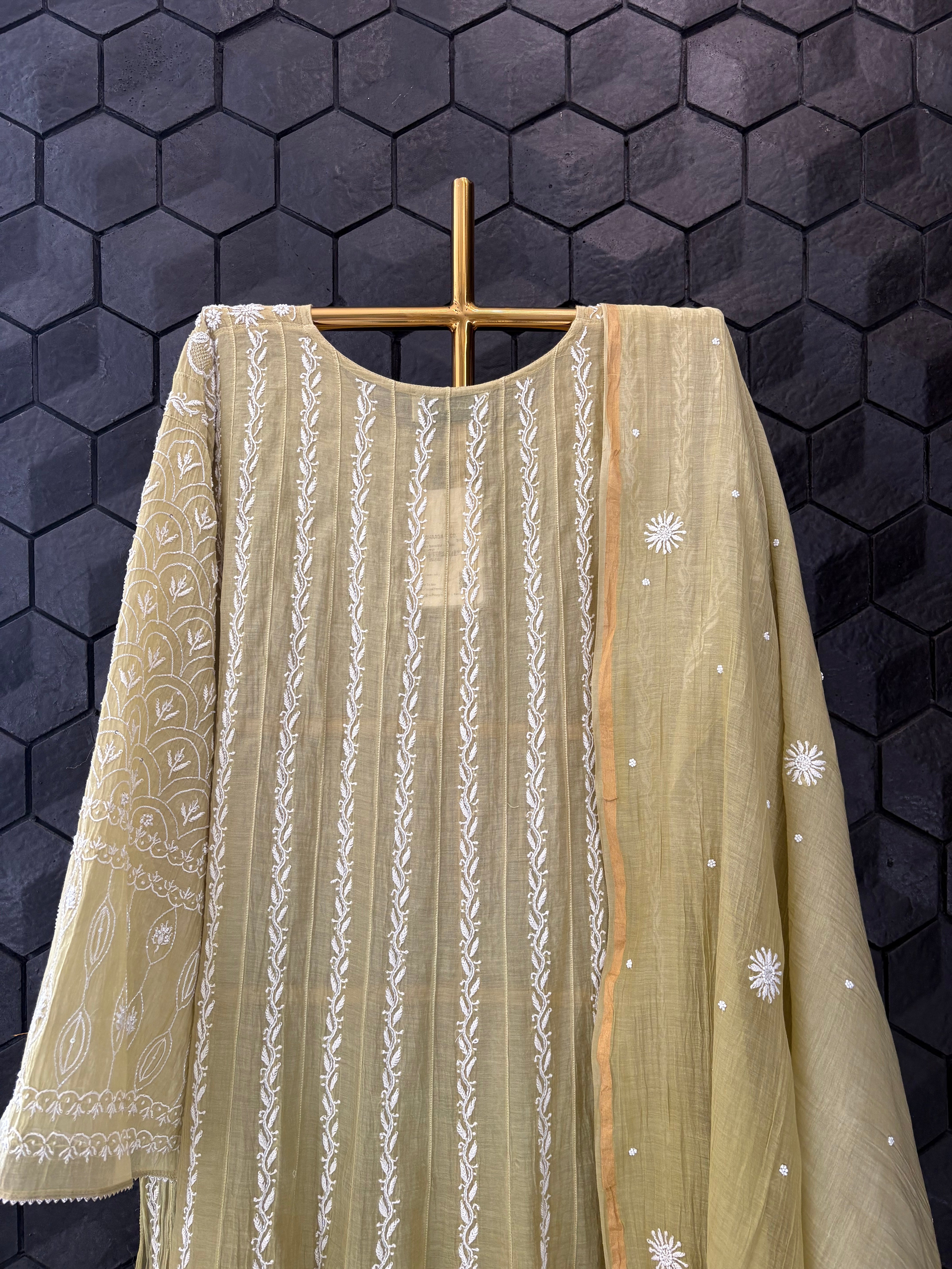 Pista Green Mul Chanderi Anarkali Set
