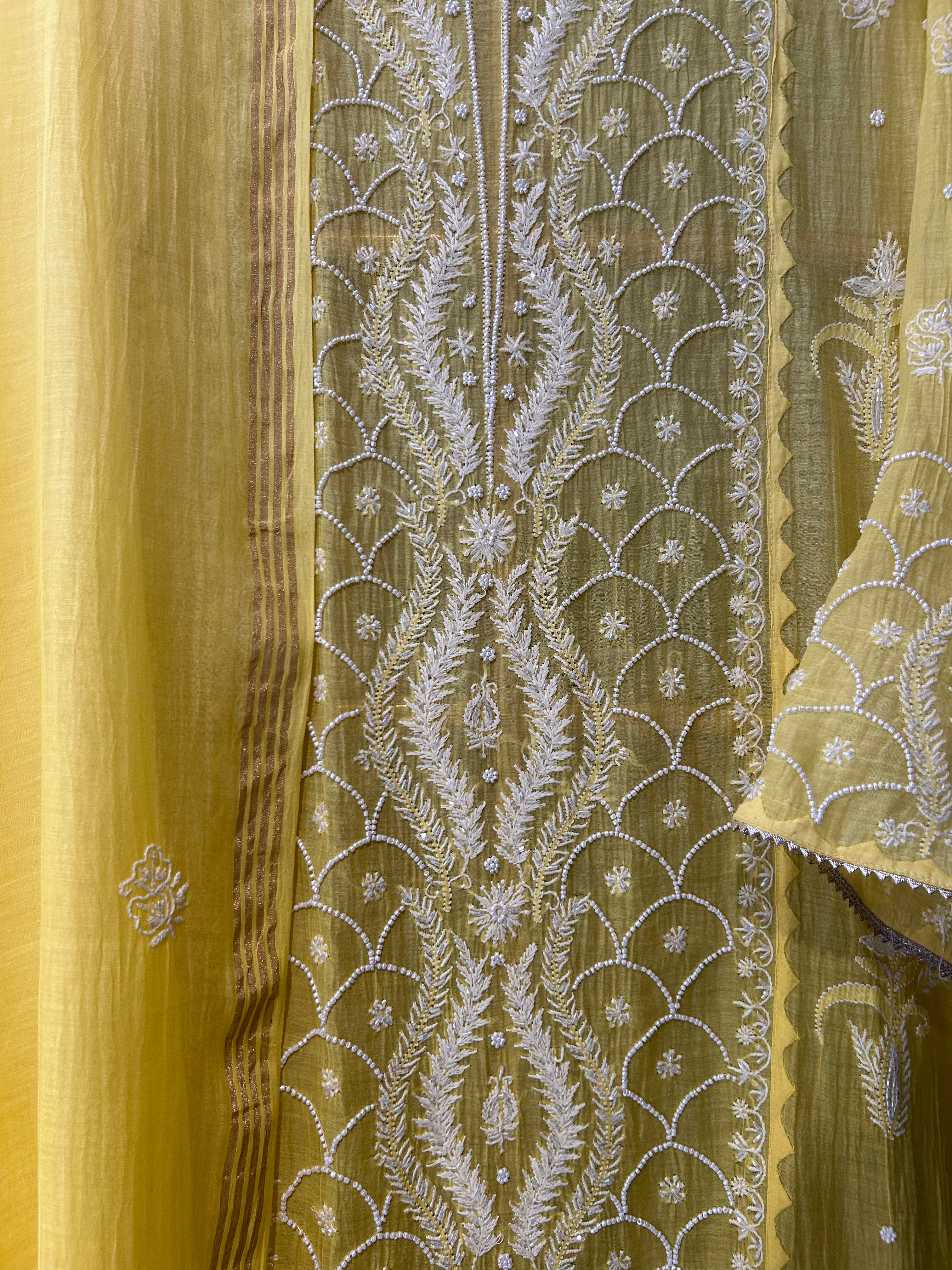 Yellow mul chanderi chikankari kurta set