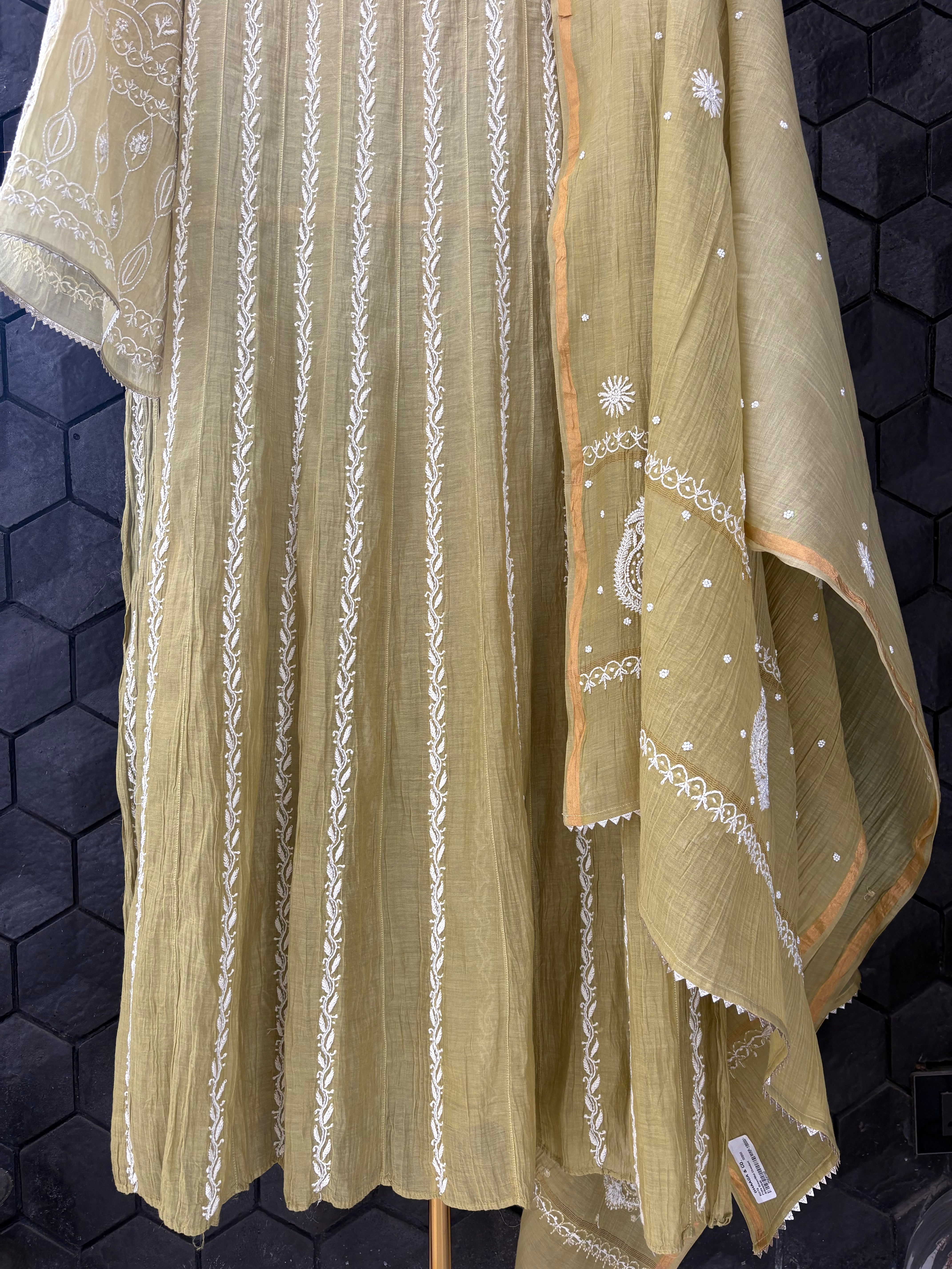 Pista Green Mul Chanderi Anarkali Set