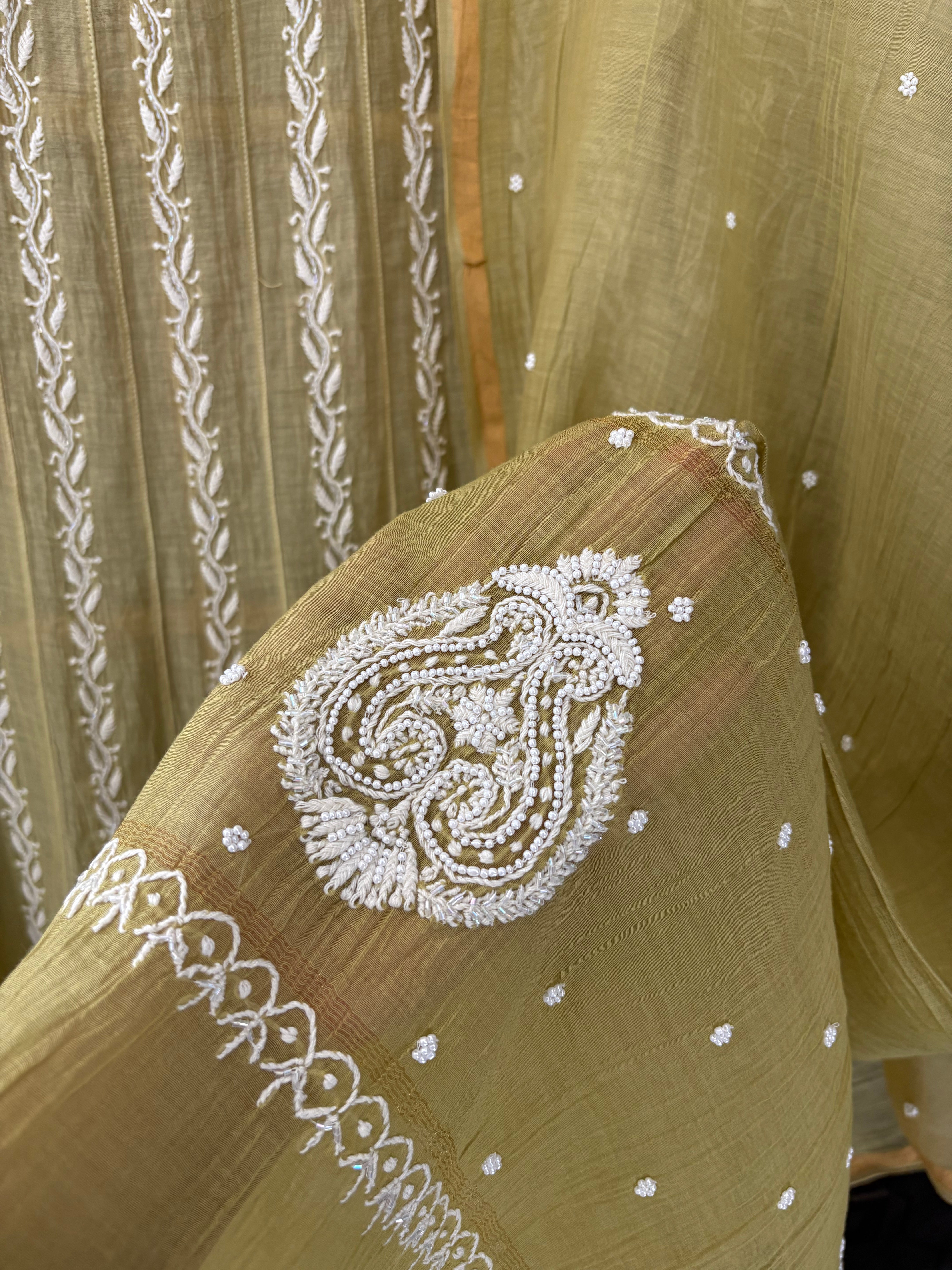 Pista Green Mul Chanderi Anarkali Set