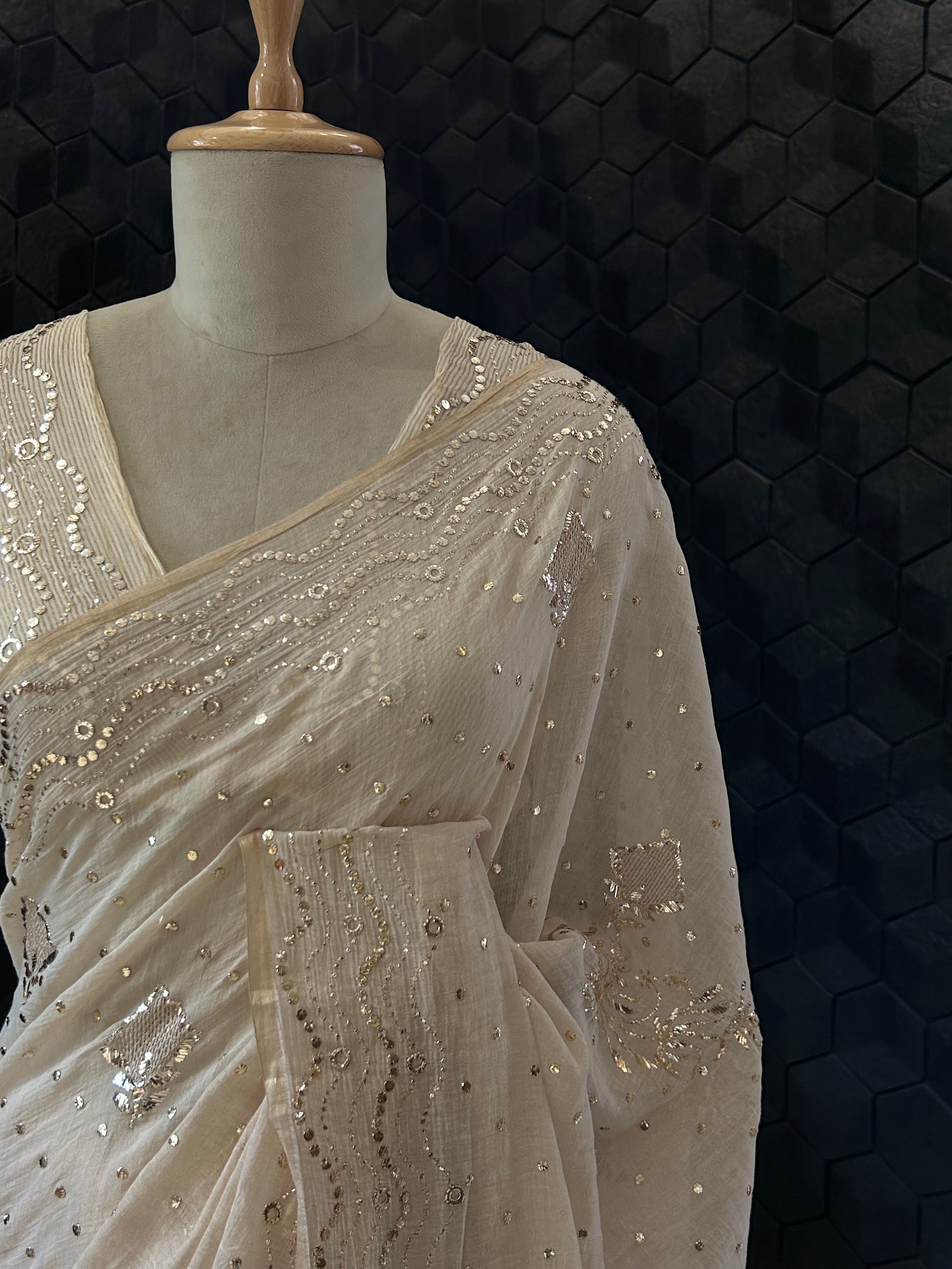 Beige Mukaish Tissue Saree