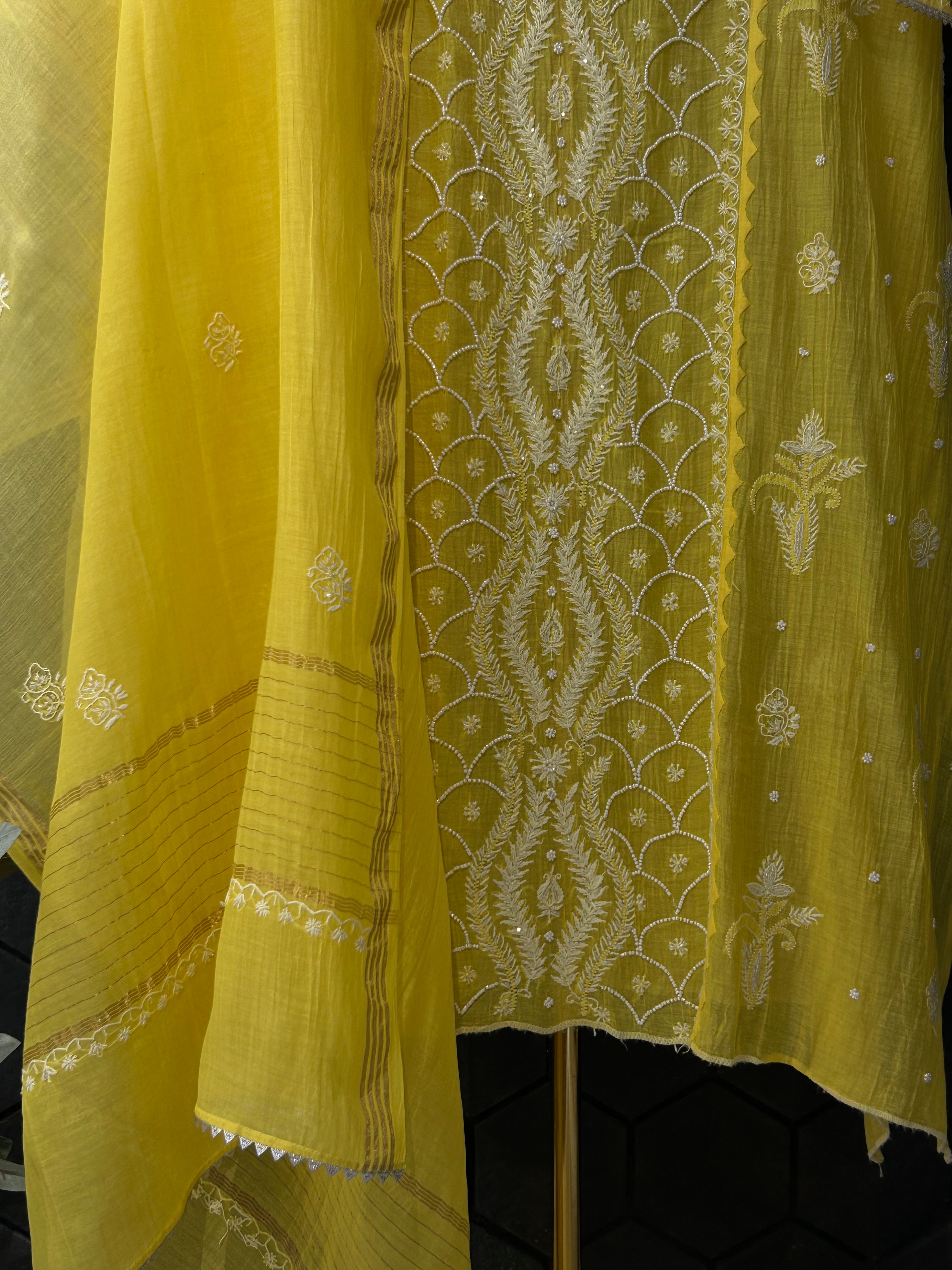Yellow mul chanderi chikankari kurta set