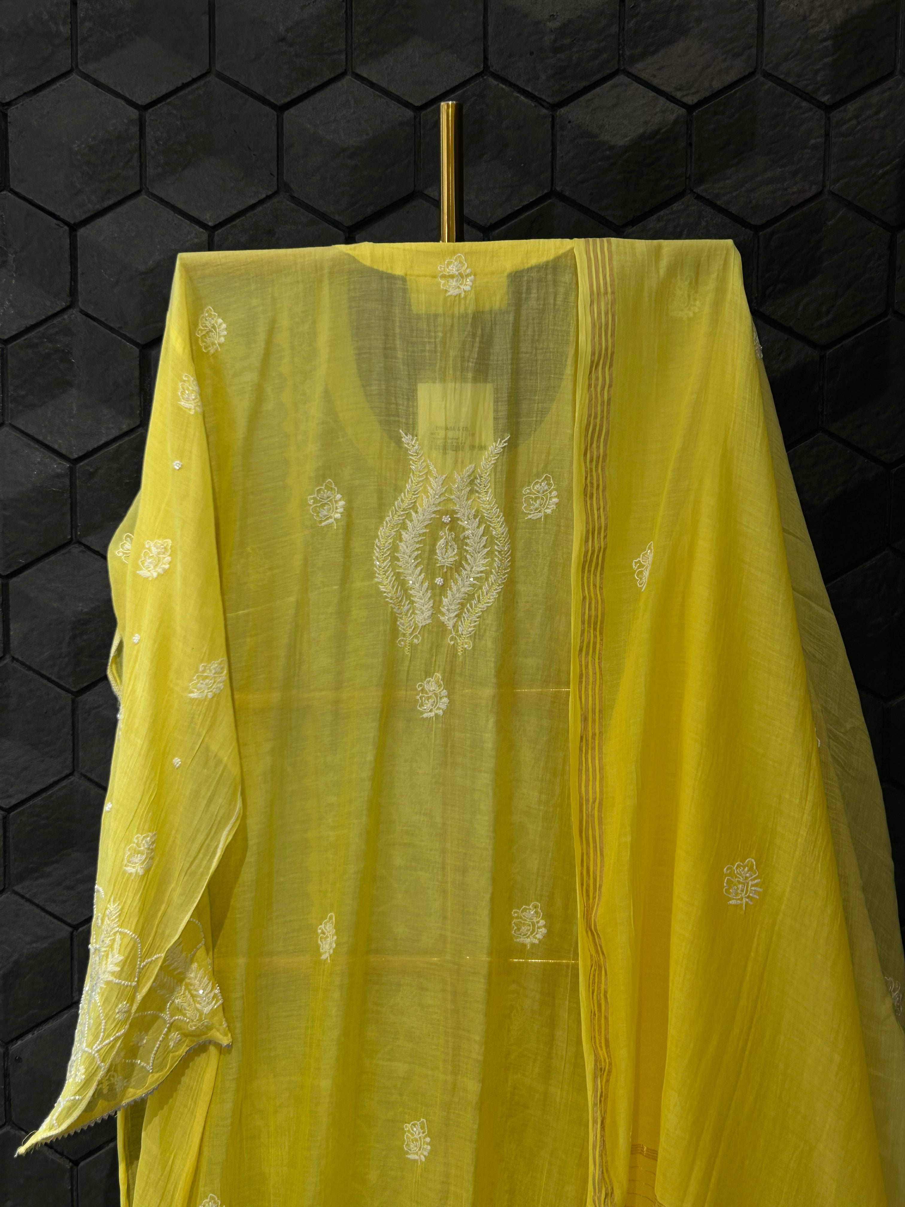 Yellow mul chanderi chikankari kurta set