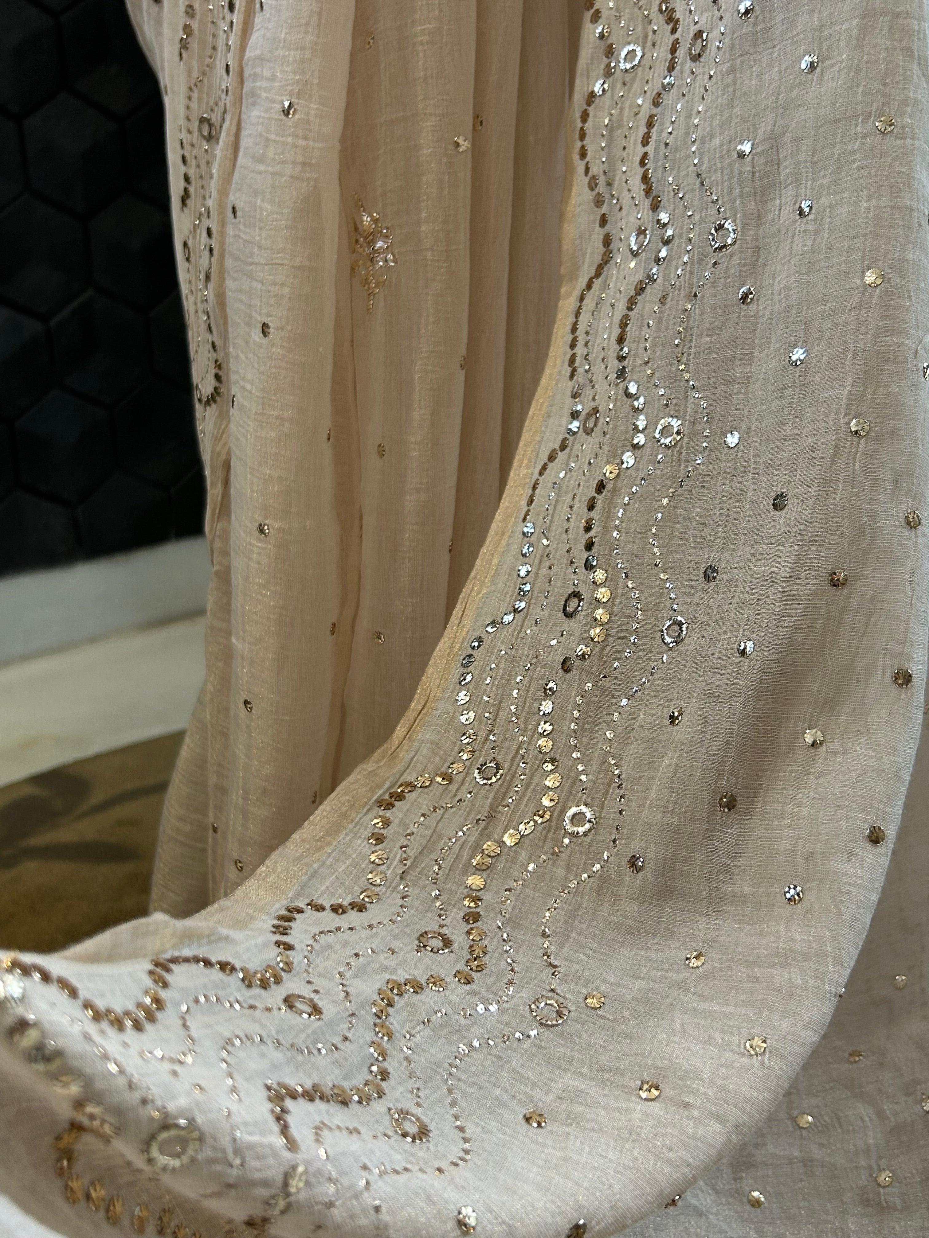 Beige Mukaish Tissue Saree