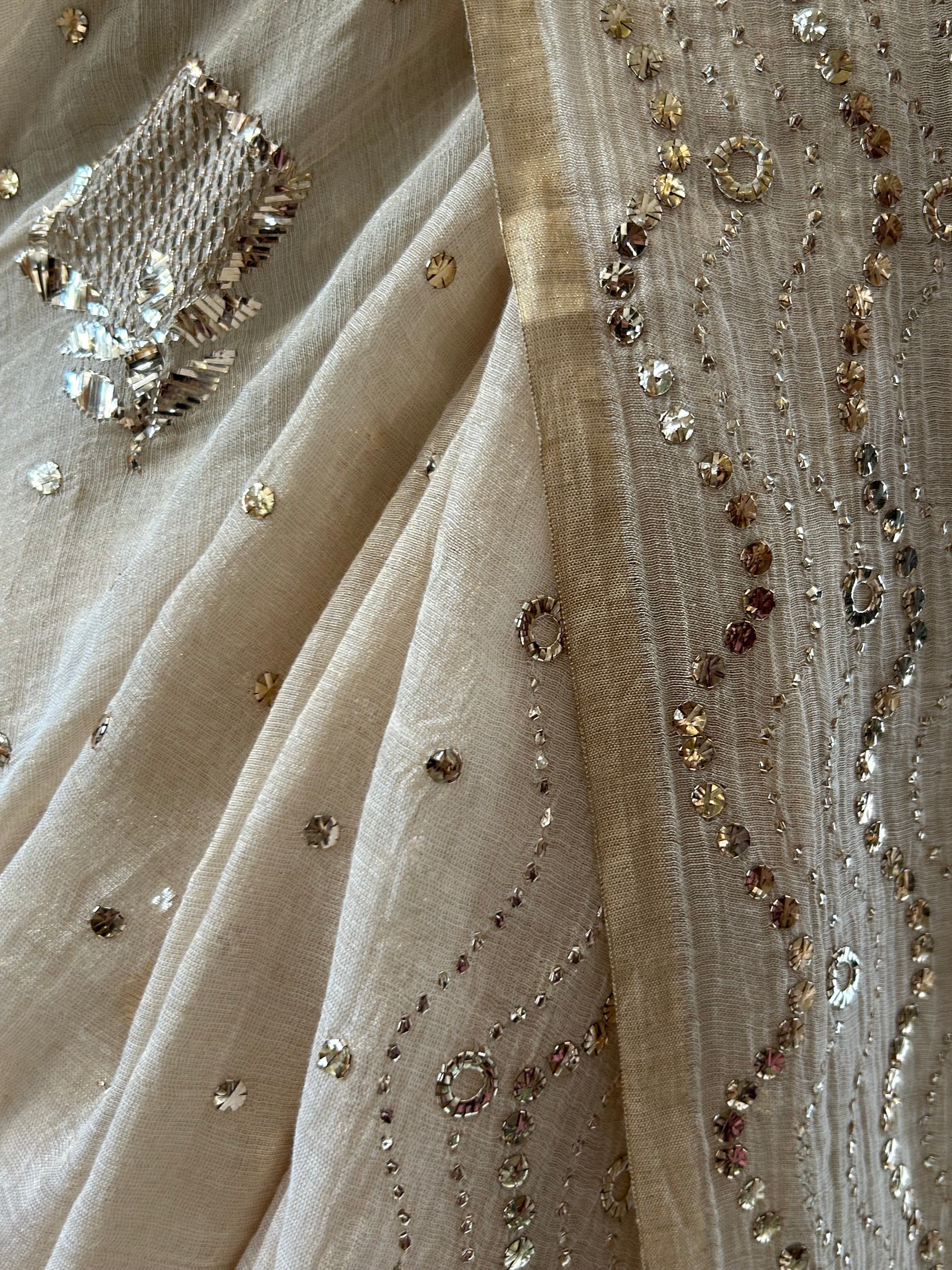 Beige Mukaish Tissue Saree