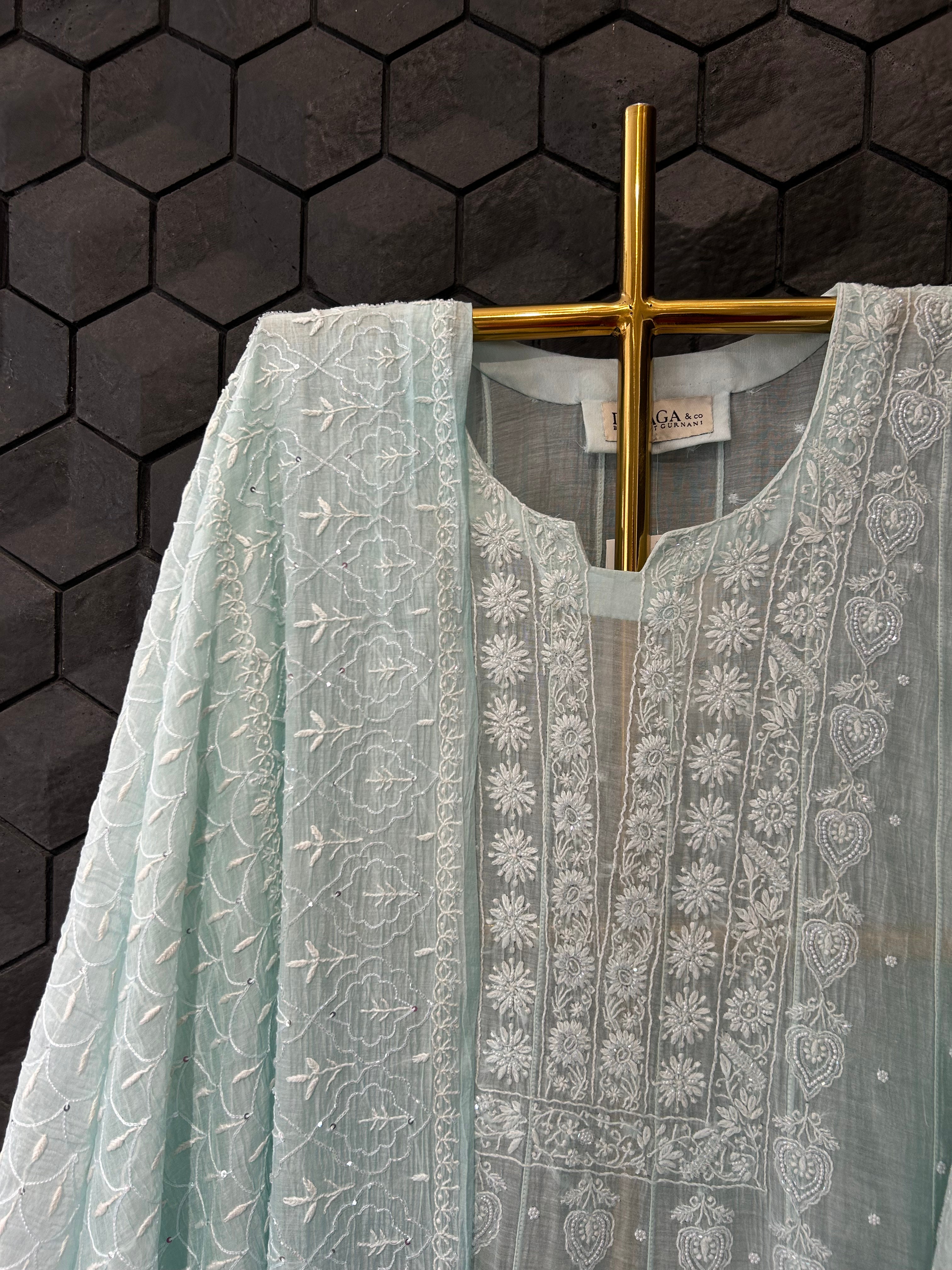 Blue mul chanderi chikankari anarkali set