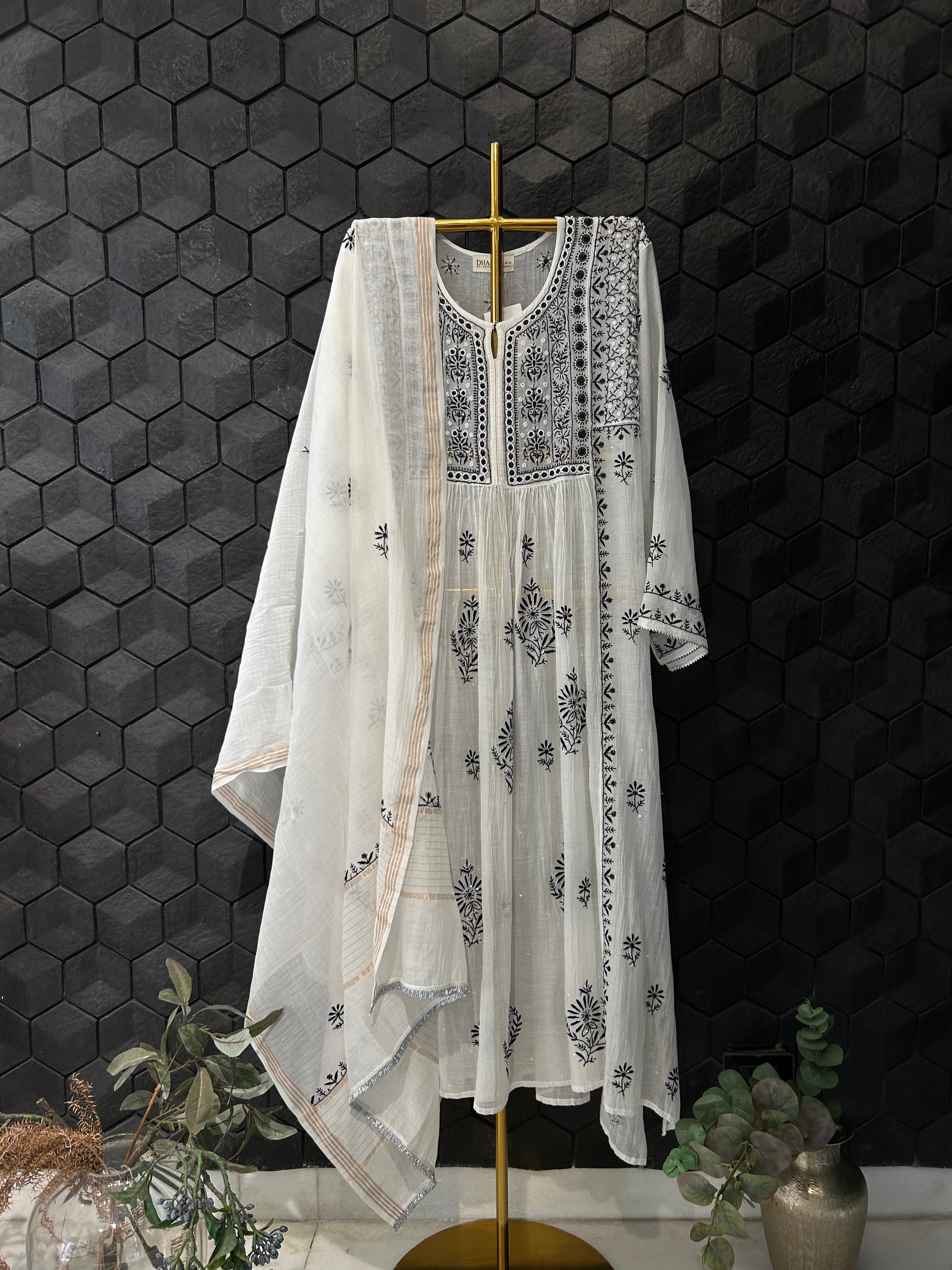 white mul chanderi chikankari kurta set