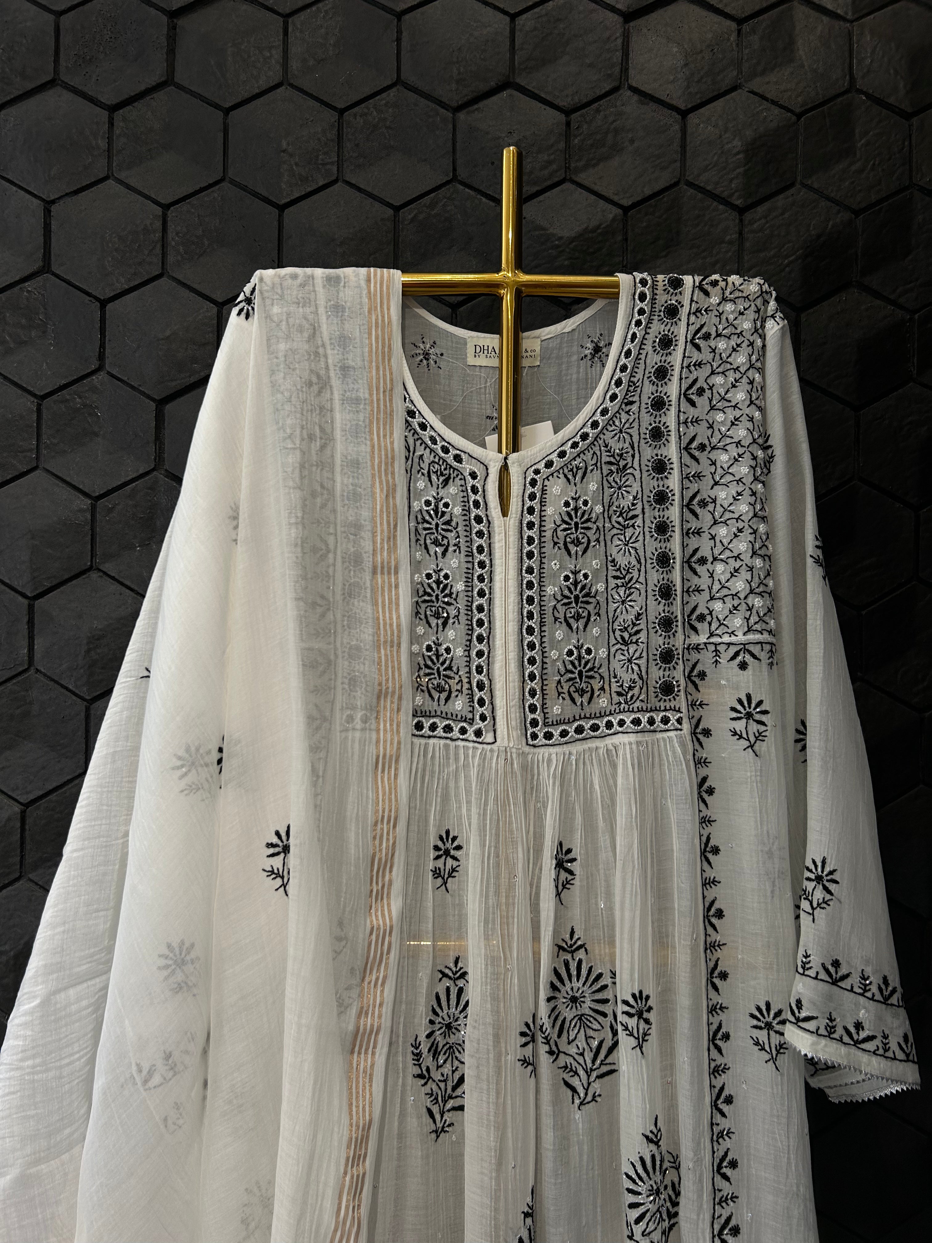 white mul chanderi chikankari kurta set