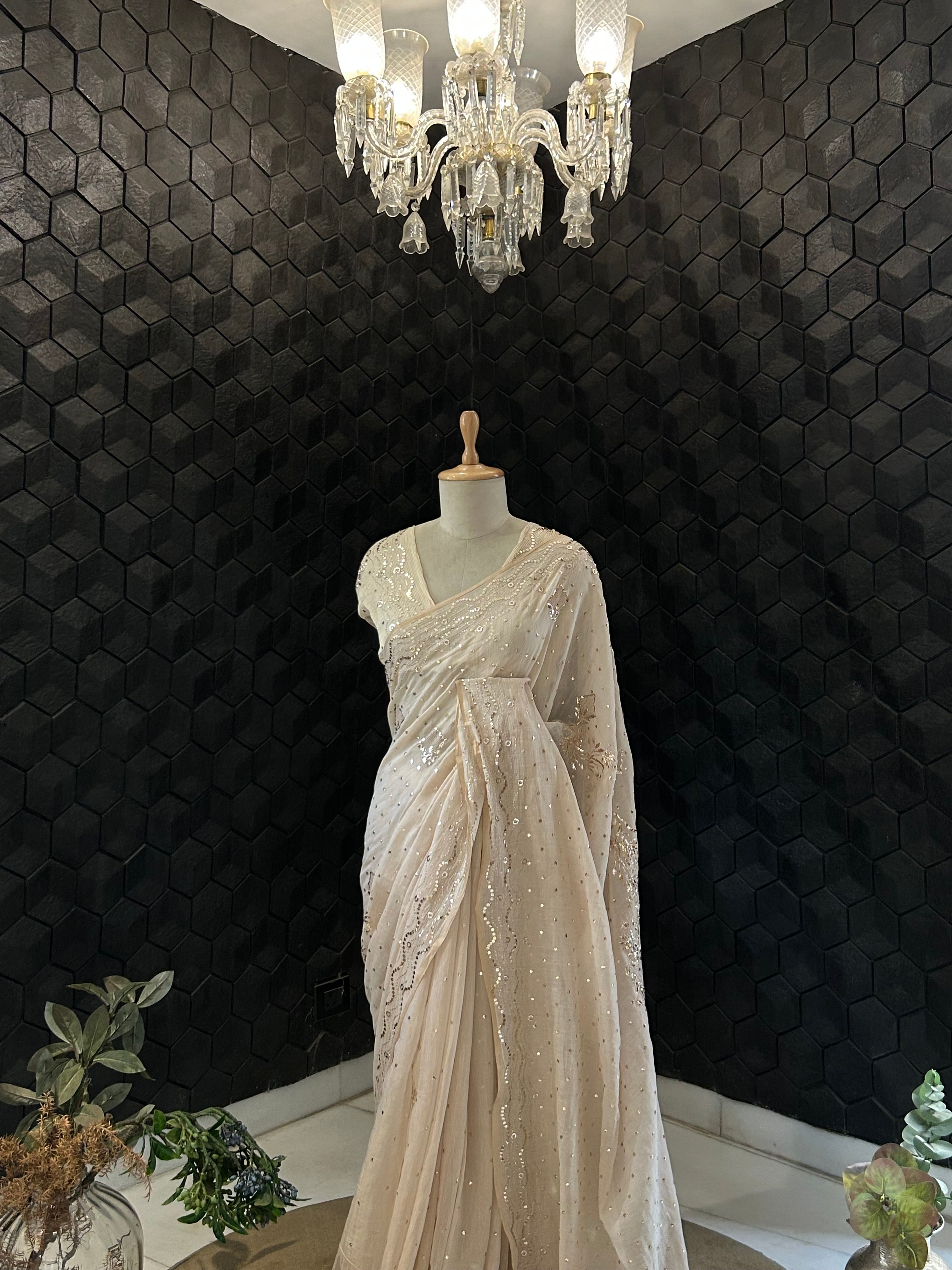 Beige Mukaish Tissue Saree