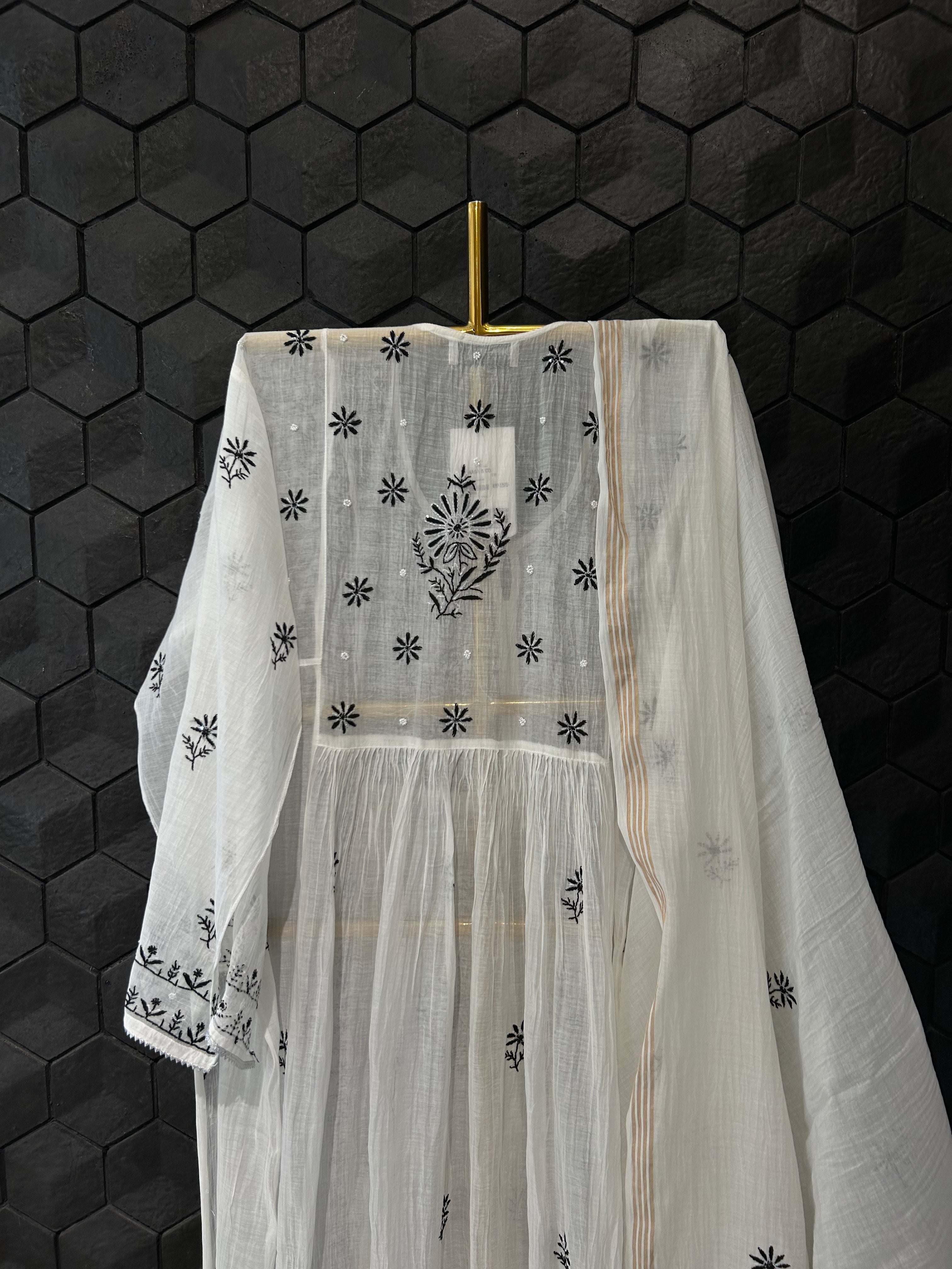 white mul chanderi chikankari kurta set