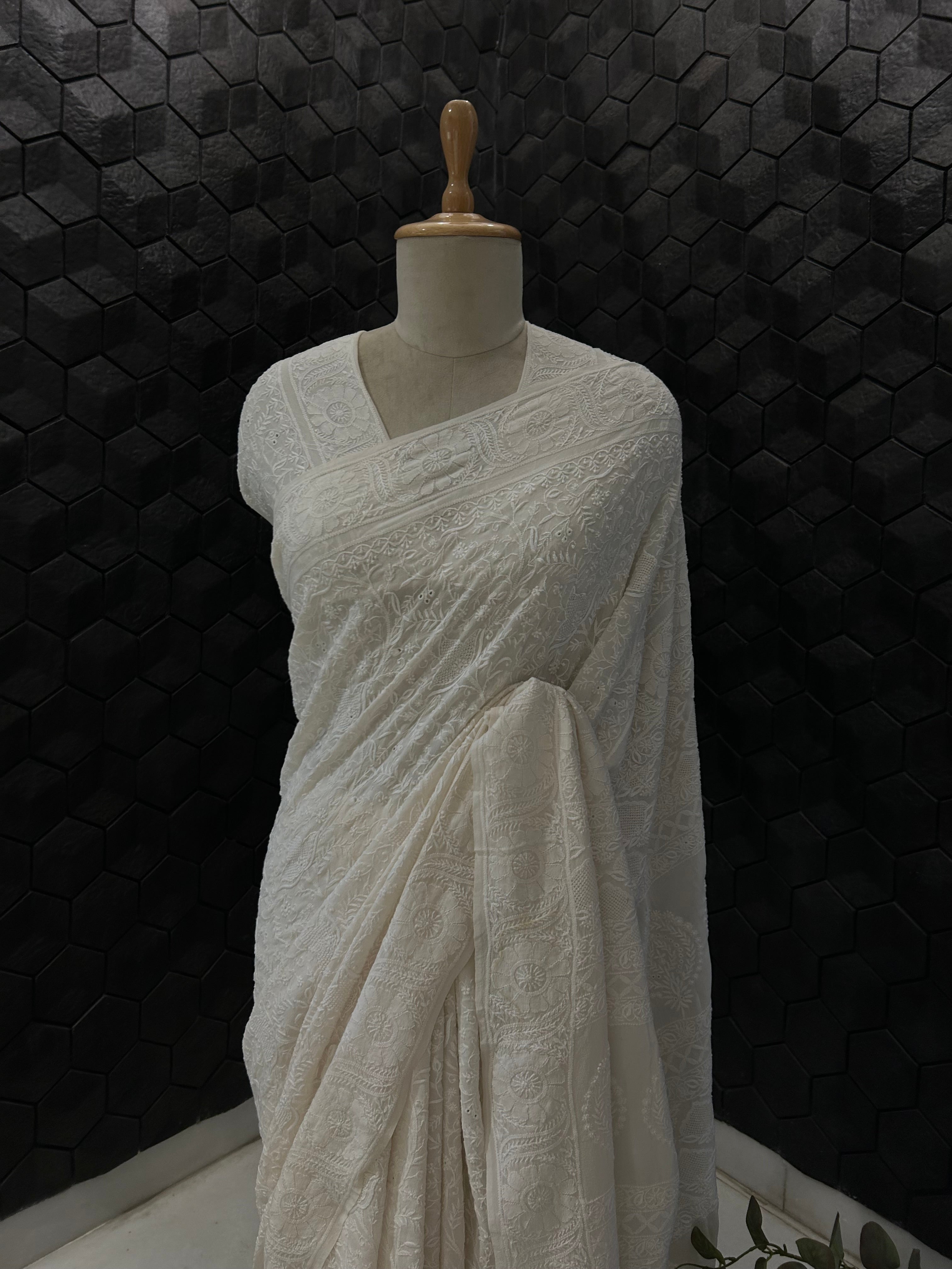 White Georgette Chikankari Saree