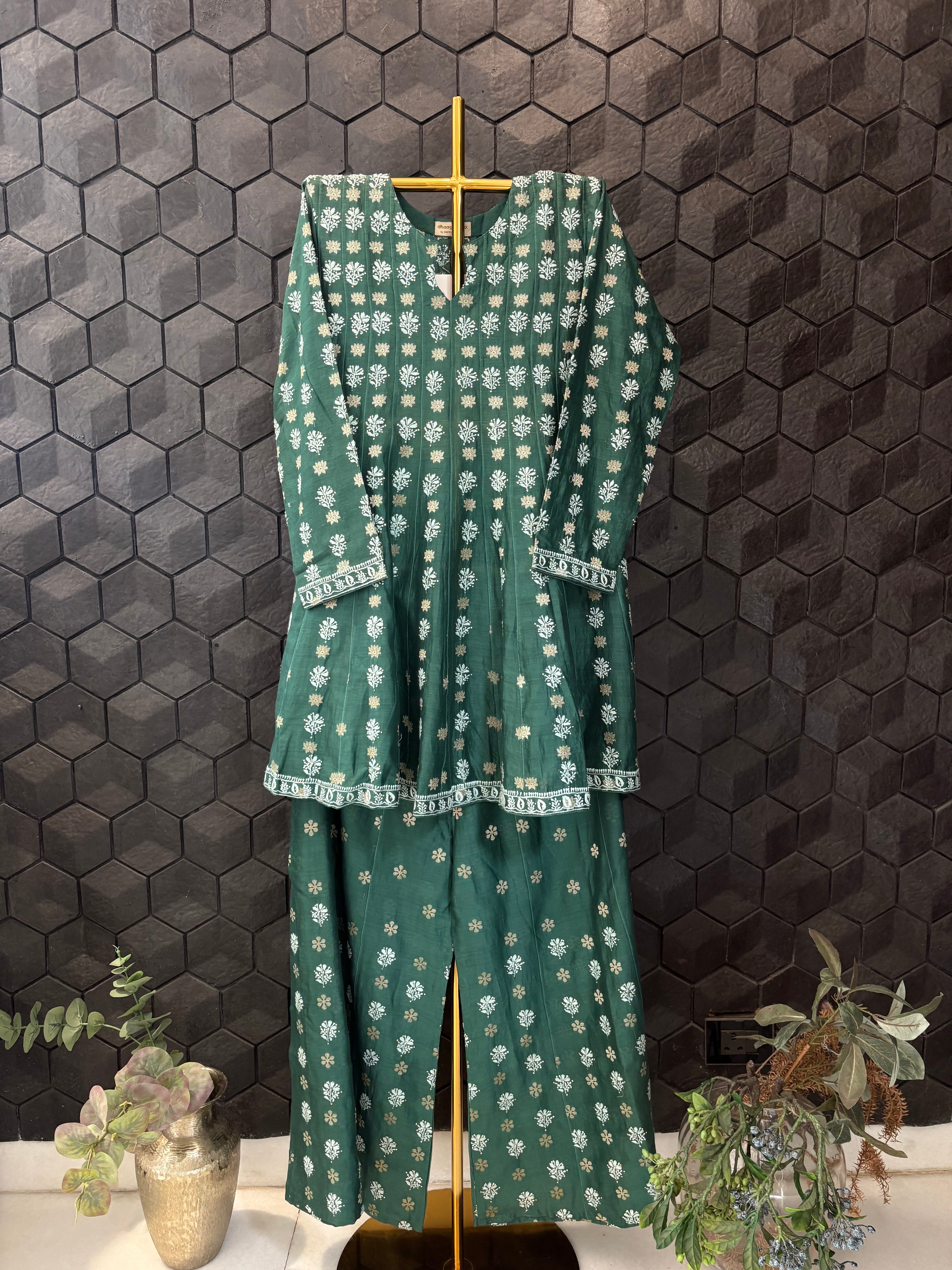 Bottle Green Chanderi Chikankari Co-ord set