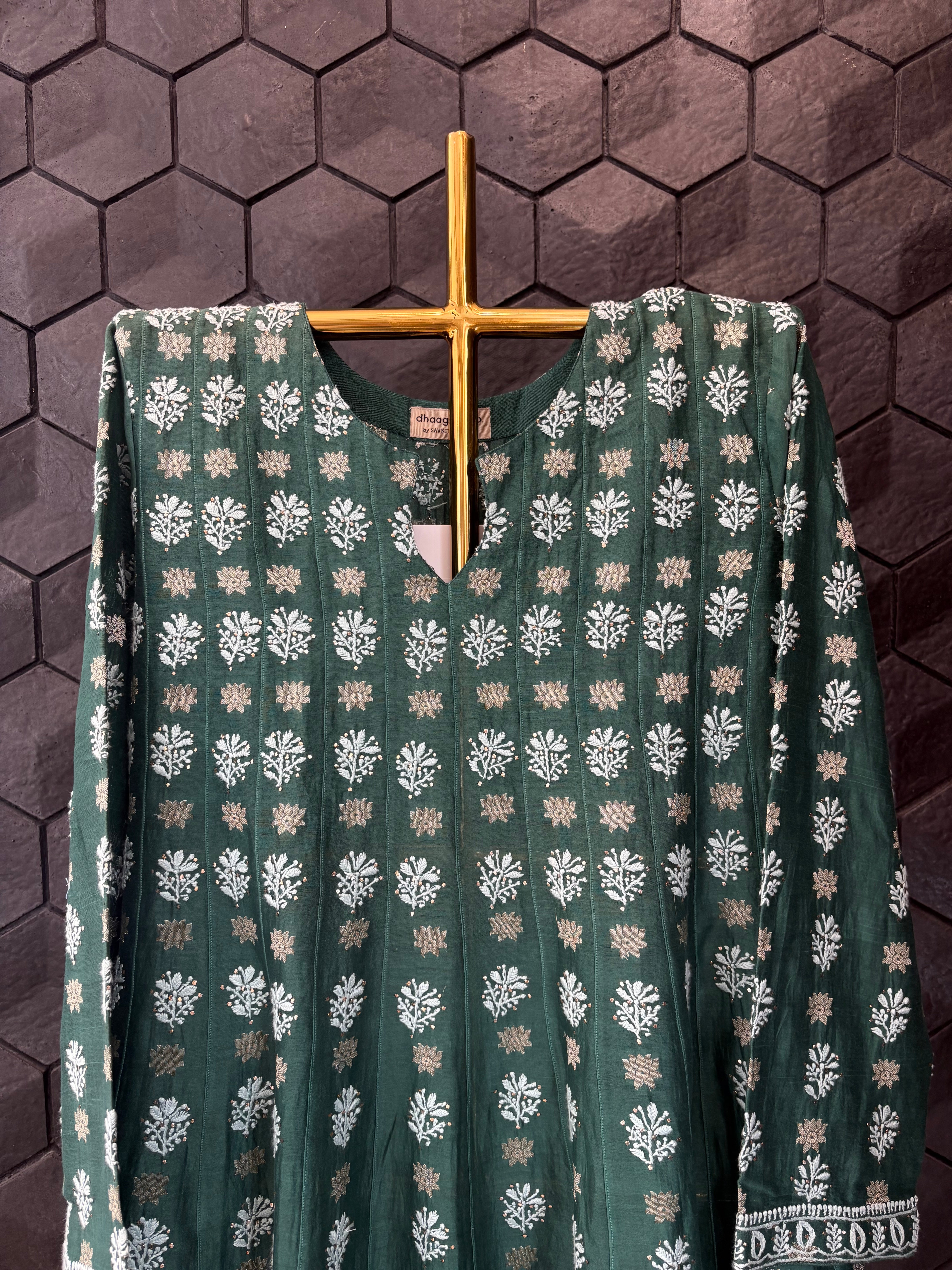 Bottle Green Chanderi Chikankari Co-ord set