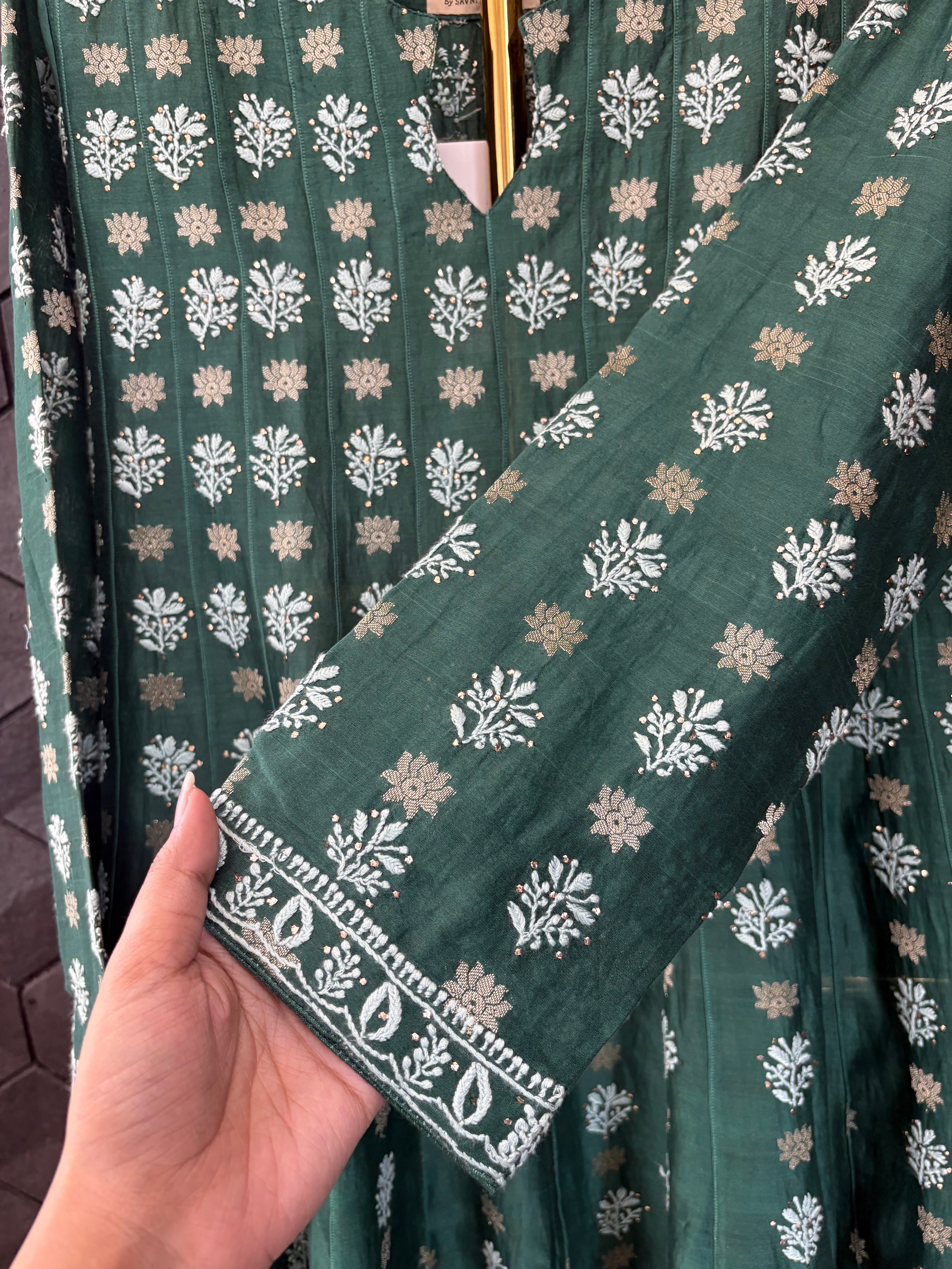 Bottle Green Chanderi Chikankari Co-ord set